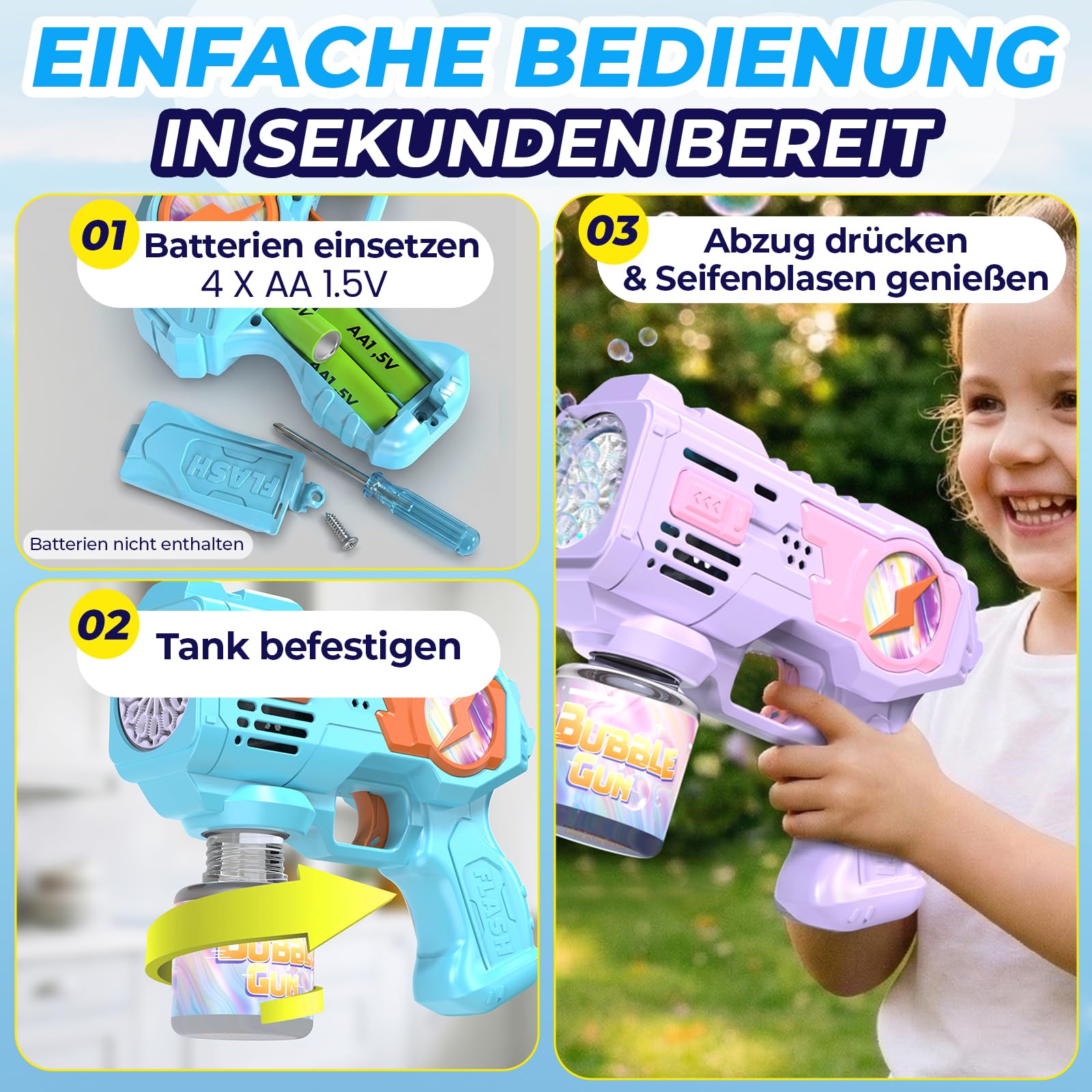 Blubbel 2X Seifenblasenpistole Set - LED Seifenblasenmaschine mit -1L Seifenblasenflüssigkeit, Seifenblasen Pistole - Blasen Kanone Luftblasen Bazooka Bubble Gun - Geschenke für Kinder - Hochzeit