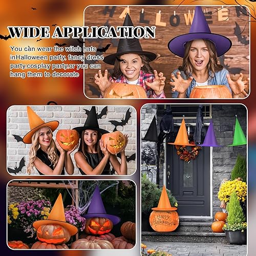 Miniatura 7 de 12 piezas de sombrero de bruja de Halloween, accesorio para disfraz de bruja con decoración de sombreros de bruja con cuerda colgante de 49 pies