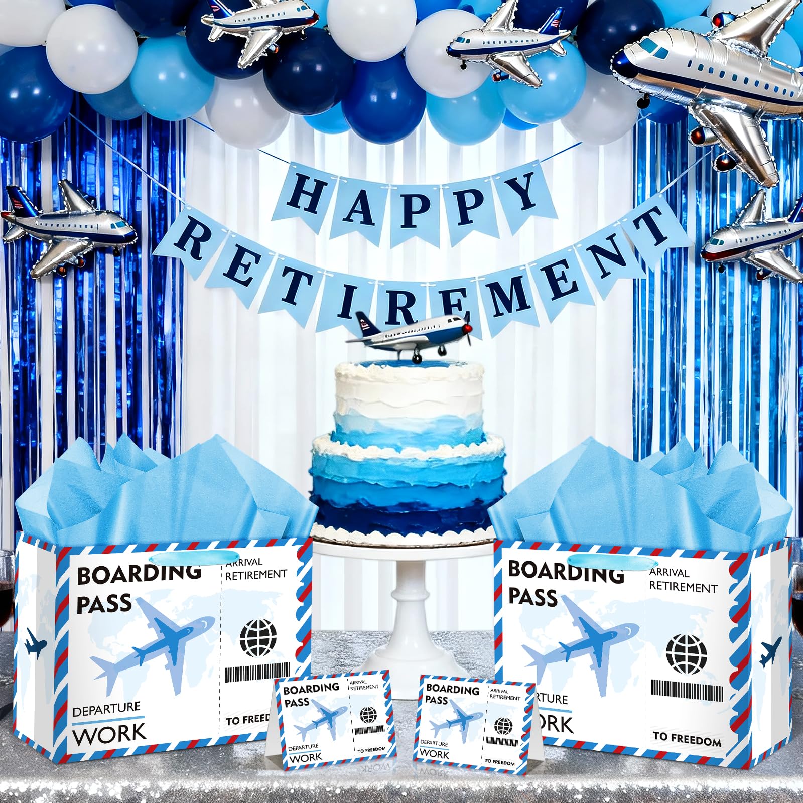 Funny Retirement Gift Bag Large Blue Retirement Gift Wrapping Paper Bag with Tissue Paper Greeting Card Going Away Party Favors Bag for Men Women Office Coworker Farewell Party Supplies Decorations