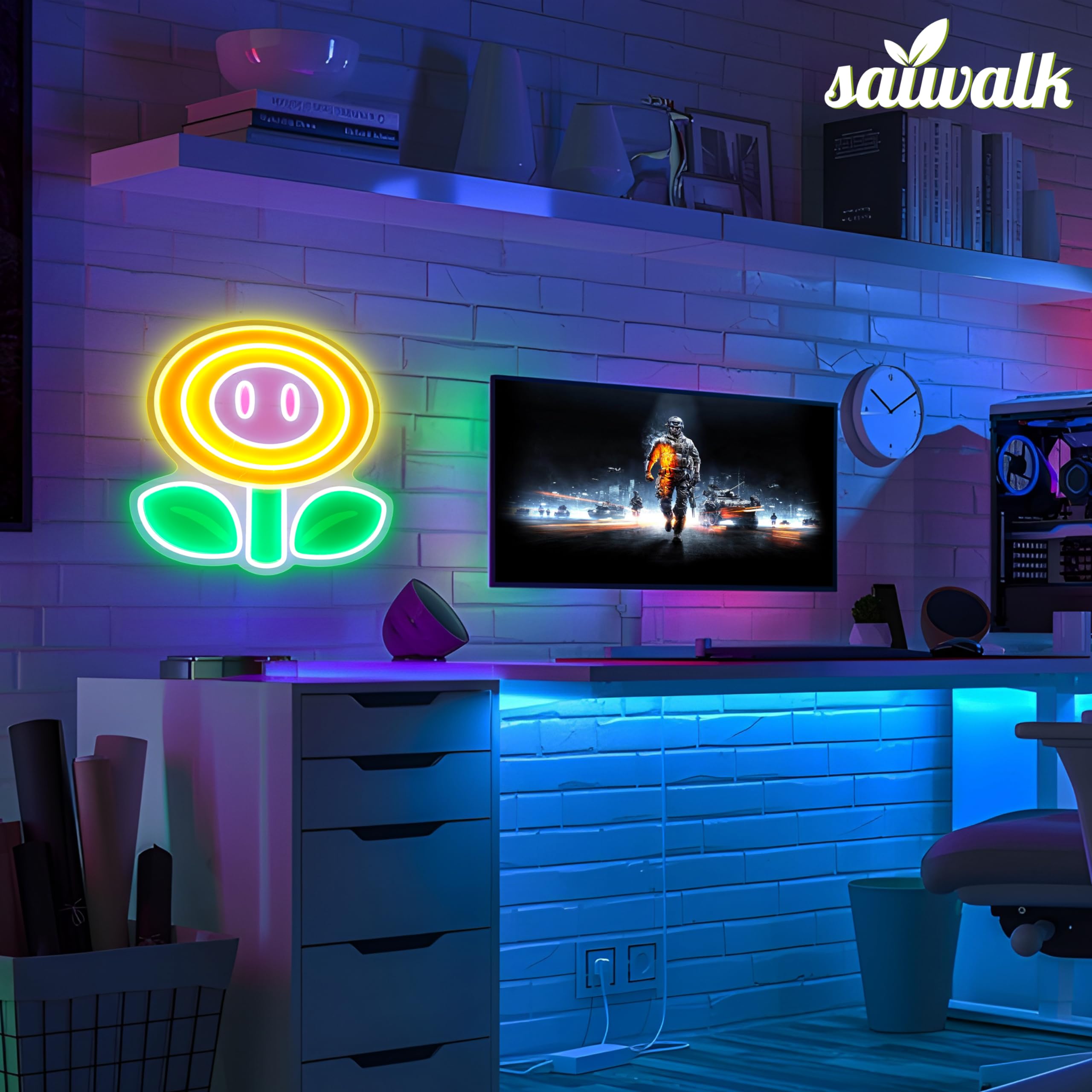 Fire Flower LED Gaming Neon Sign con modalità di illuminazione dimmerabile per camera da letto, decorazione della sala giochi, camera dei bambini, grotta degli uomini, decorazione da parete e