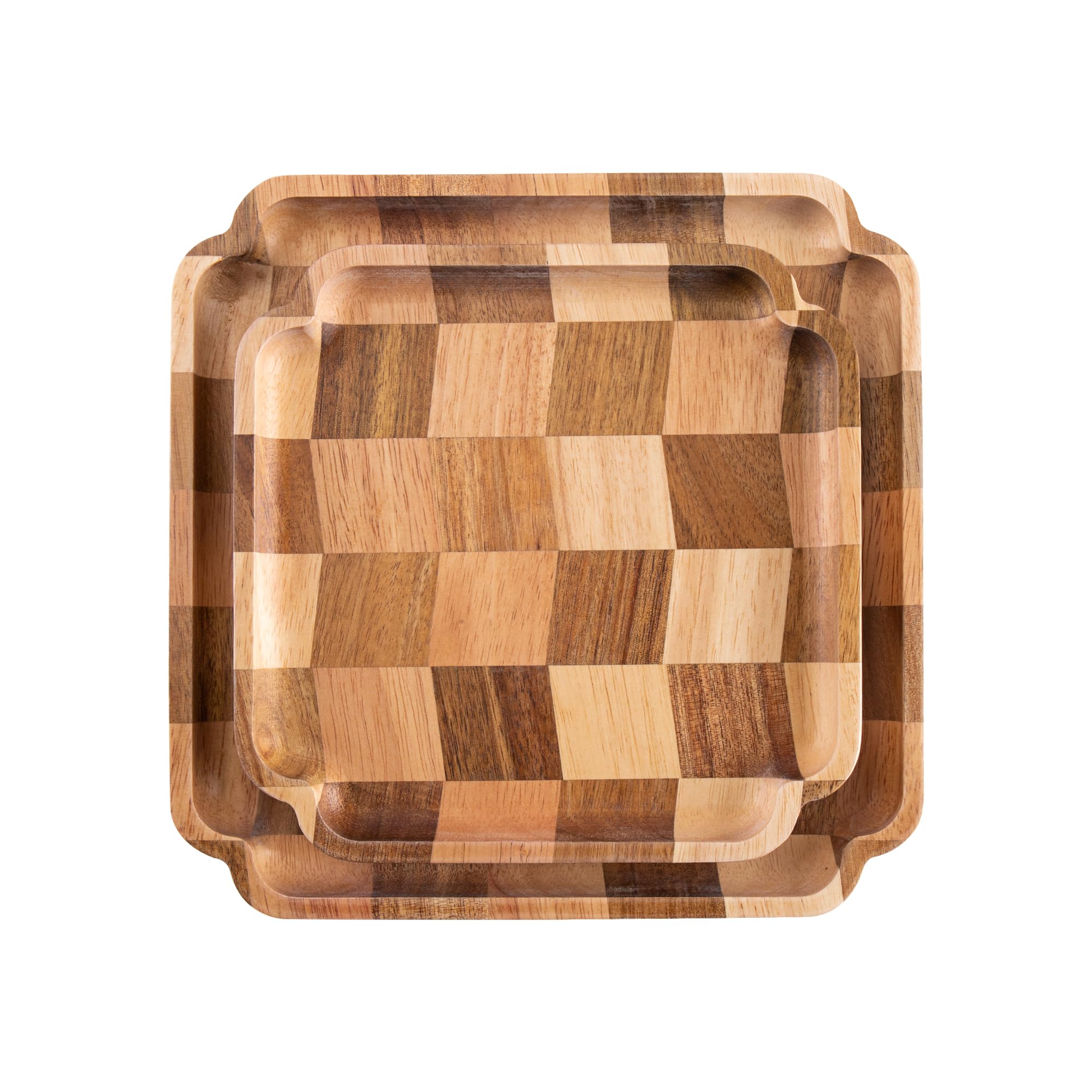 Wood Square Checkerboard Serving Trays, Set of 2 Decorative Coffee Table & Food Platters for Home Decor (1 x 24 cm, 1 x 20 cm)