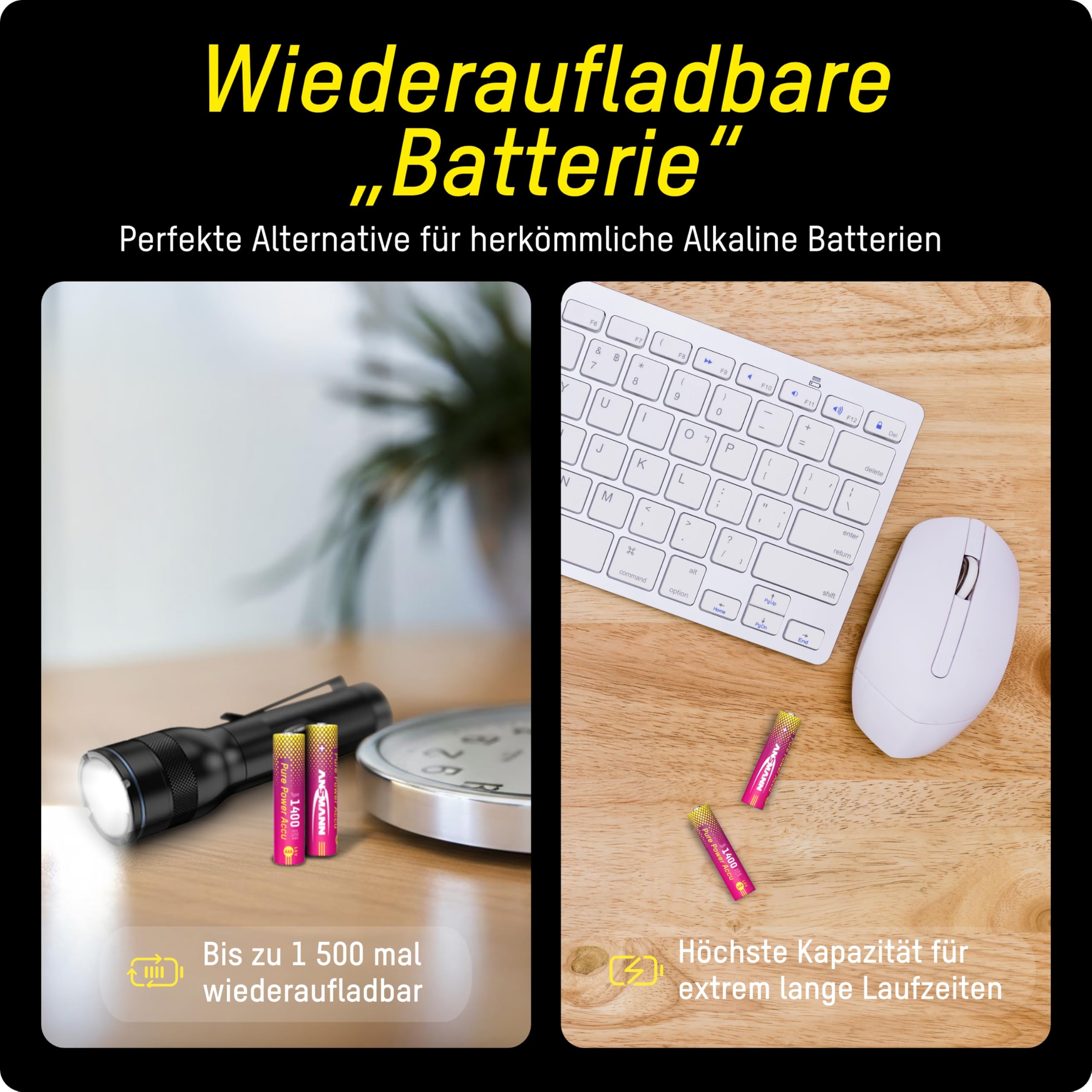 ANSMANN Lithium Ladegerät Pure Power inkl. 4X Micro AAA Akkus mit höchster Kapazität und Lademodul, mit Langer Laufzeit und Schutztechnik, ideal für Geräte mit hohem Energiebedarf