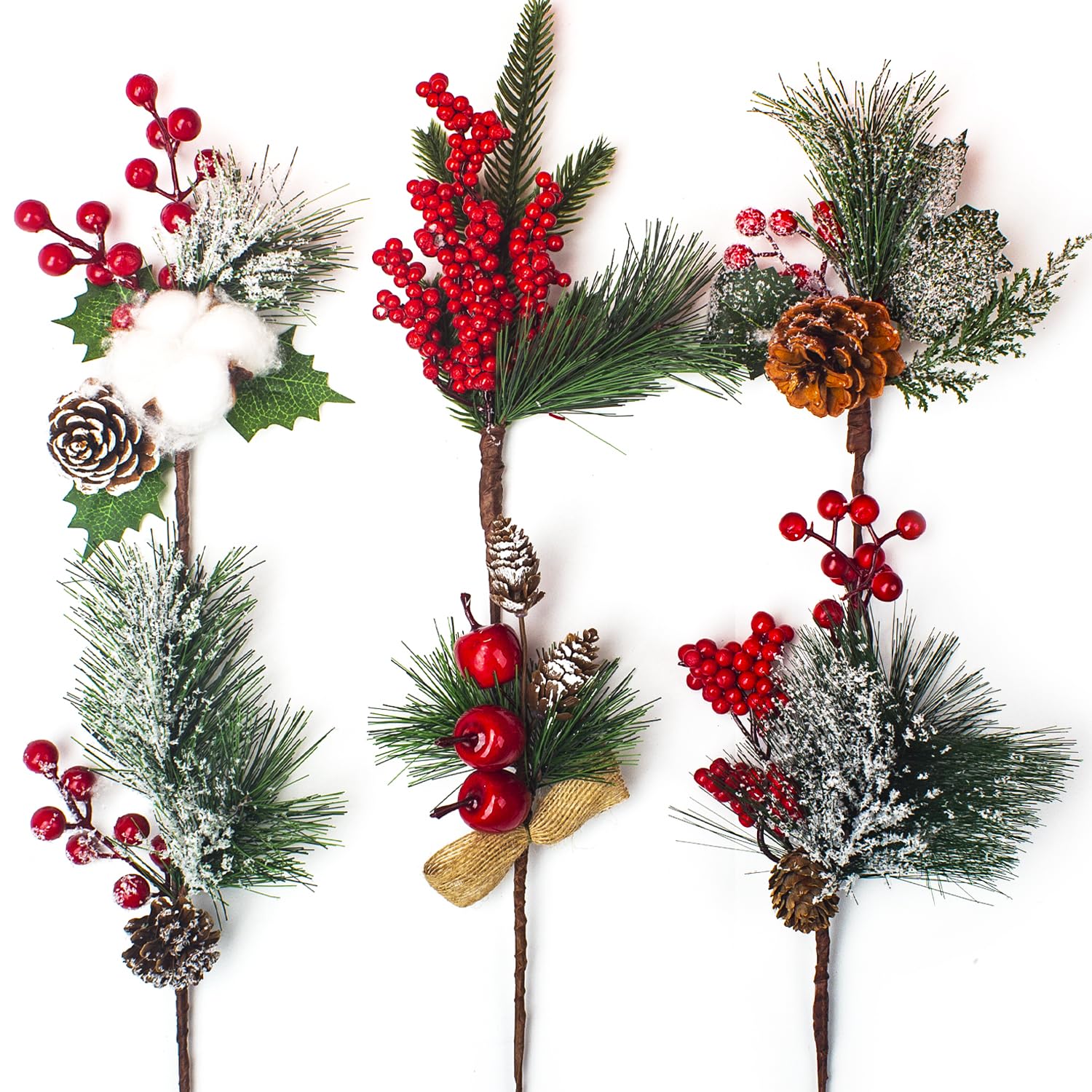 Artificial Pine Picks Christmas Pine Picks Pine Needles Branches with Red Berry Pinecones Berry Branches Fake Berries for Flower Arrangements Wreaths Holiday Xmas Tree Decoration