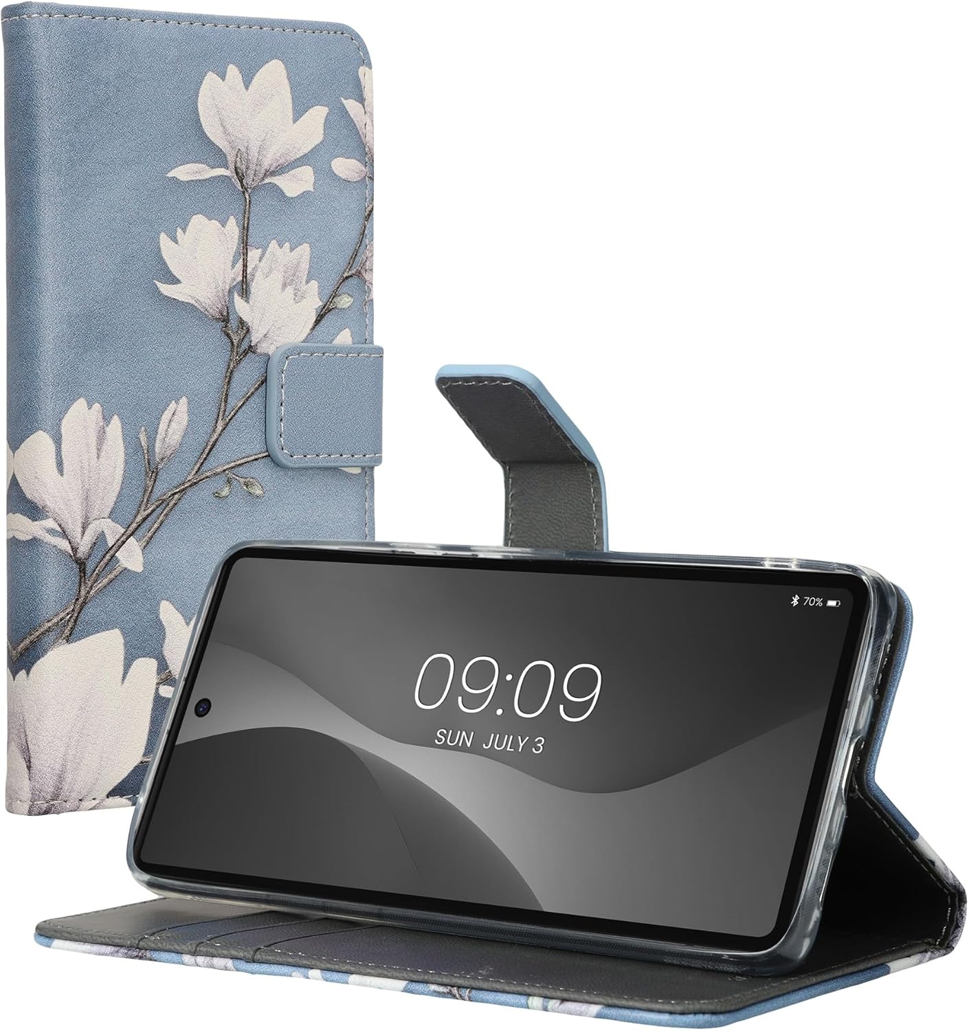 kwmobile Wallet Case Compatible with Google Pixel 7a Case for Phone - Magnolias Taupe/White/Blue Grey 9