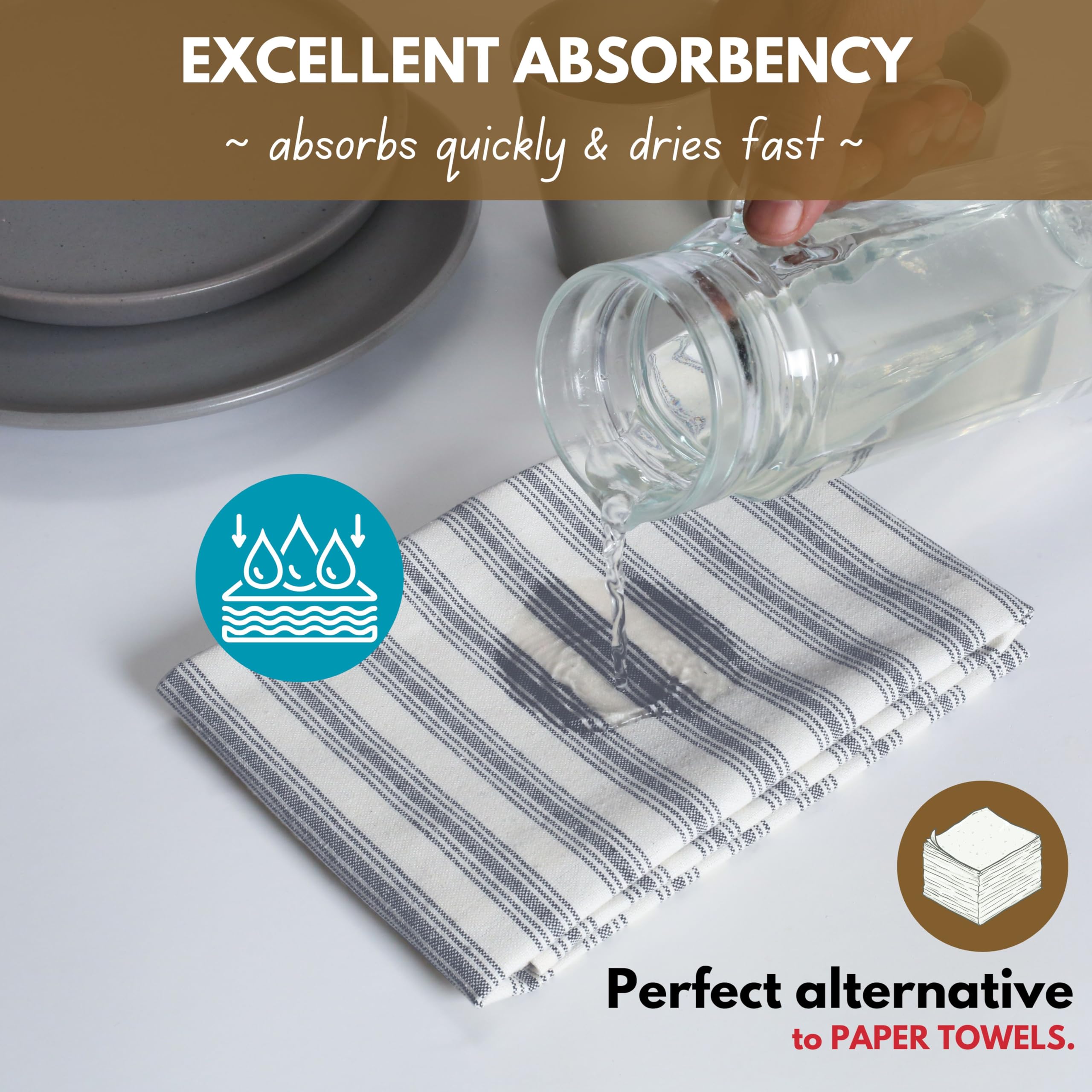 Native Fab 4 Pack Farmhouse Modern Stripe Kitchen Dish Towels Cotton Super Absorbent Quick Drying Reusable 18x26 Inches - Bar Hand Towels, Kitchen Cleaning Towels with Hanging Loop, Navy Blue