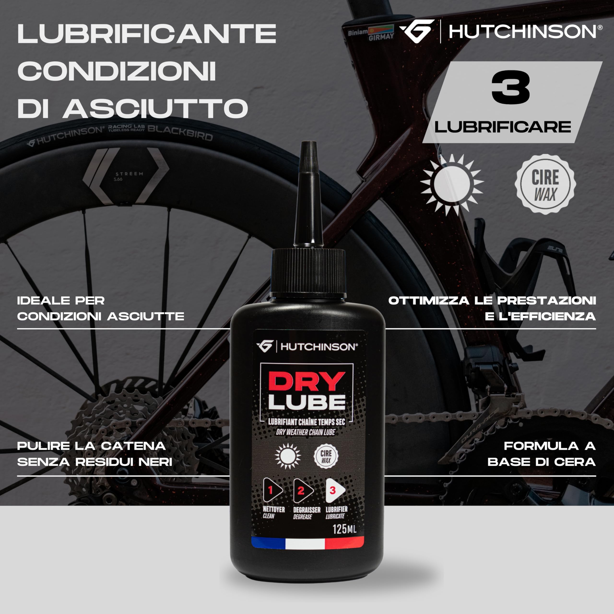 HUTCHINSON – DRY LUBE 125ml – Lubrificante Catena per Clima Secco | Formula a Base di Cera Made in France | Riduce Usura e Attrito | Prestazioni Elevate