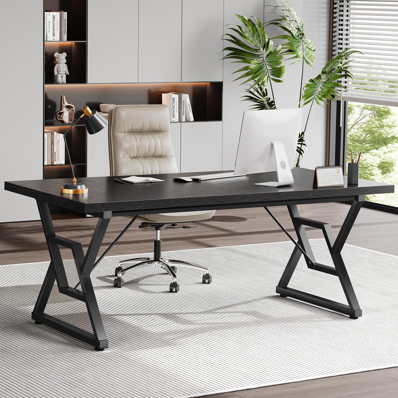 OHOHOLIVE 70.8" Large Executive Desk - Computer Office Desk Workstation, Modern Business Writing Table with Sturdy Metal Legs for Home Office (Black/