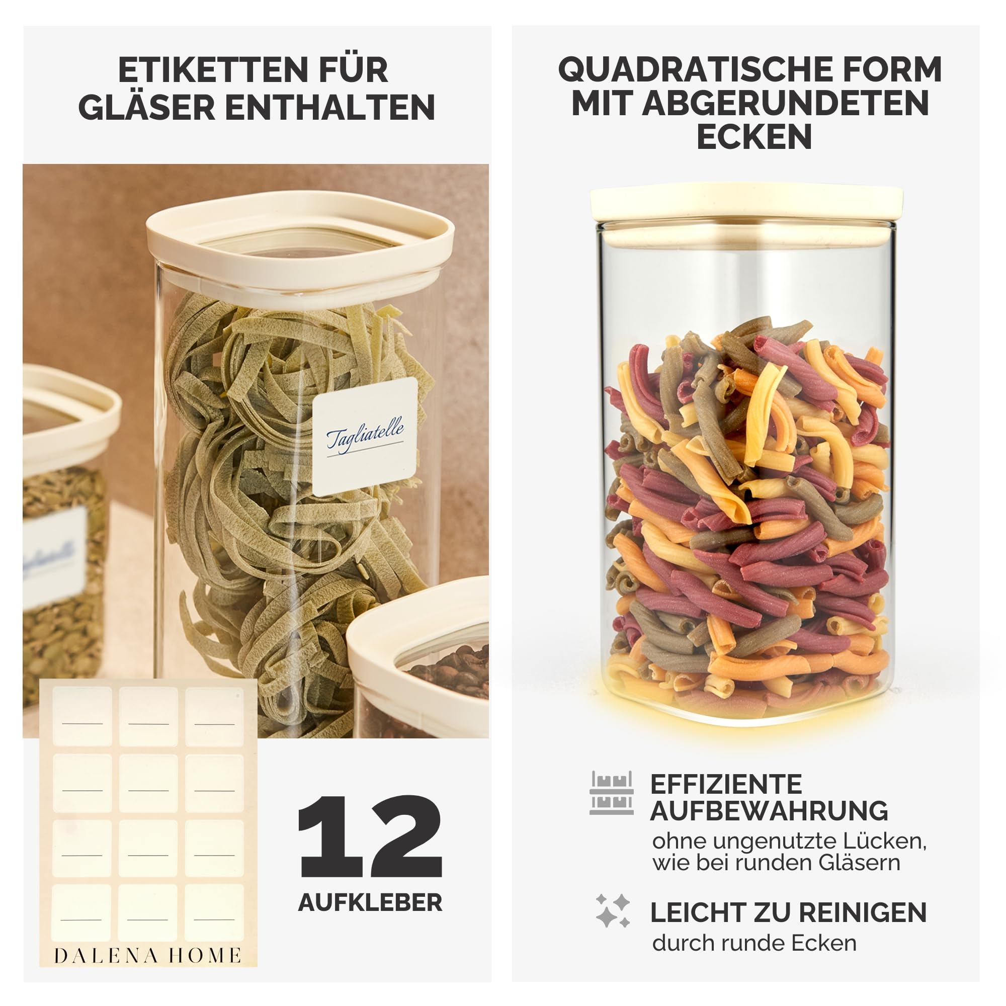 Vorratsgläser mit Deckel 4er-Set aus stabilem Borosilikatglas + Etiketten (4x 1500ml) - Luftdicht & Stapelbar - Aufbewahrungsglas Küche, Vorratsdose eckig
