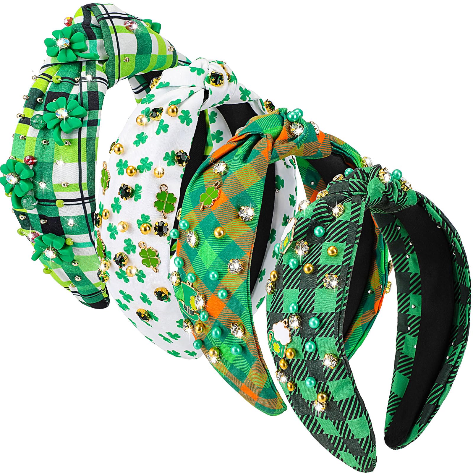 Photo 1 of 4 Pack ST. Patrick's Day Knotted Headbands, Pearl Rhinestones Clover Shape Jewelry Headbands for Women and Girls, Fashionable Retro Headbands for Saint Patrick Party Head Accessories Clover Style