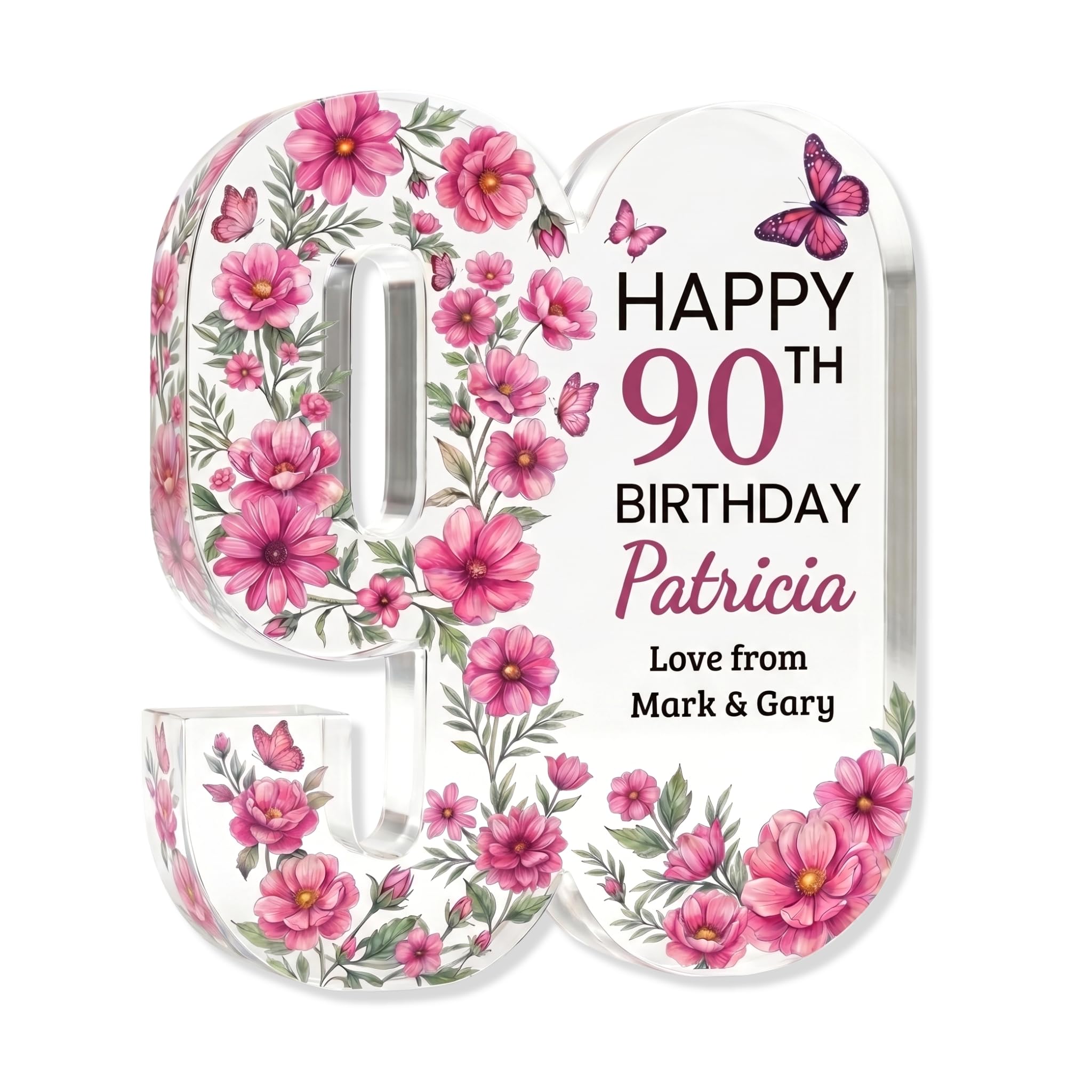 Personalised 90th Birthday Plaque, Birthday Card Alternative, Acrylic Keepsake Gift for Her (Pink Floral)