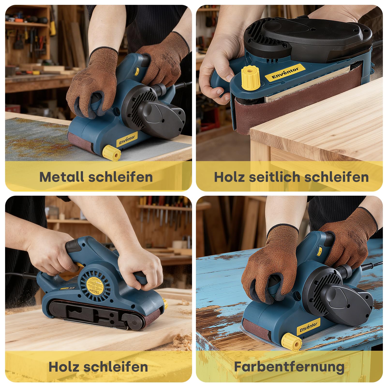 Enventor 950W Bandschleifer, 6 Geschwindigkeitsstufen (120–380 m/min), 2-in-1 Tischschleifer mit Staubbeutel und 12 Schleifbändern (P80, P120, P180,P240), 76 x 533 mm