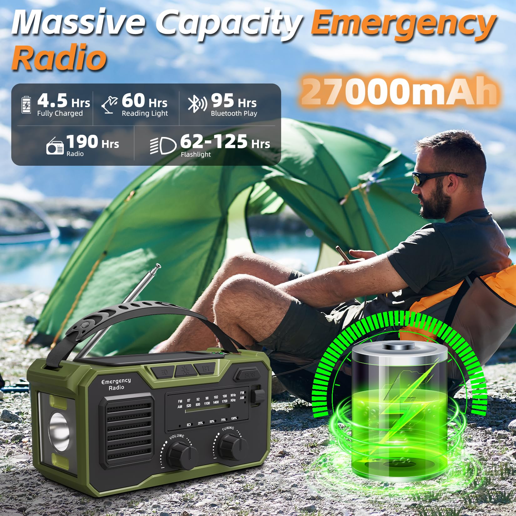 27000mAh Kurbelradio Notfall,Notfallradio Solar Kurbel FM/AM Mit Bluetooth 5.3, Emergency Radio SOS-Alarm&Kompass&Taschenlampe,Survival Radio für Outdoor Vorbereitung auf Naturkatastrophen (Grün)