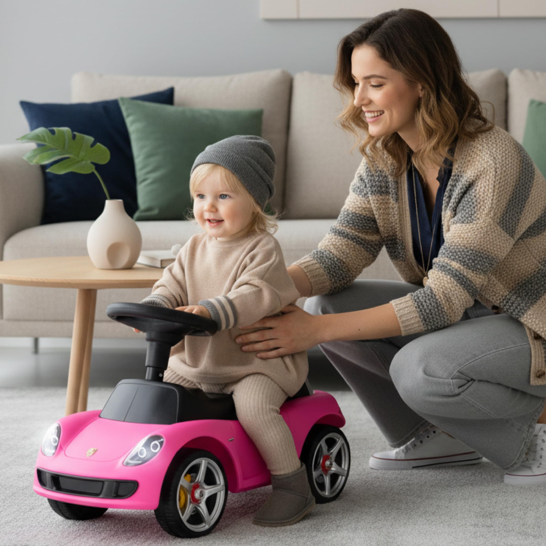 sun baby Rutschauto ab 18 Monaten – Porsche Carrera GT – Lenkrad mit Knöpfen, Scheinwerfer, realistische Aufkleber, bis 30 kg, Rosa