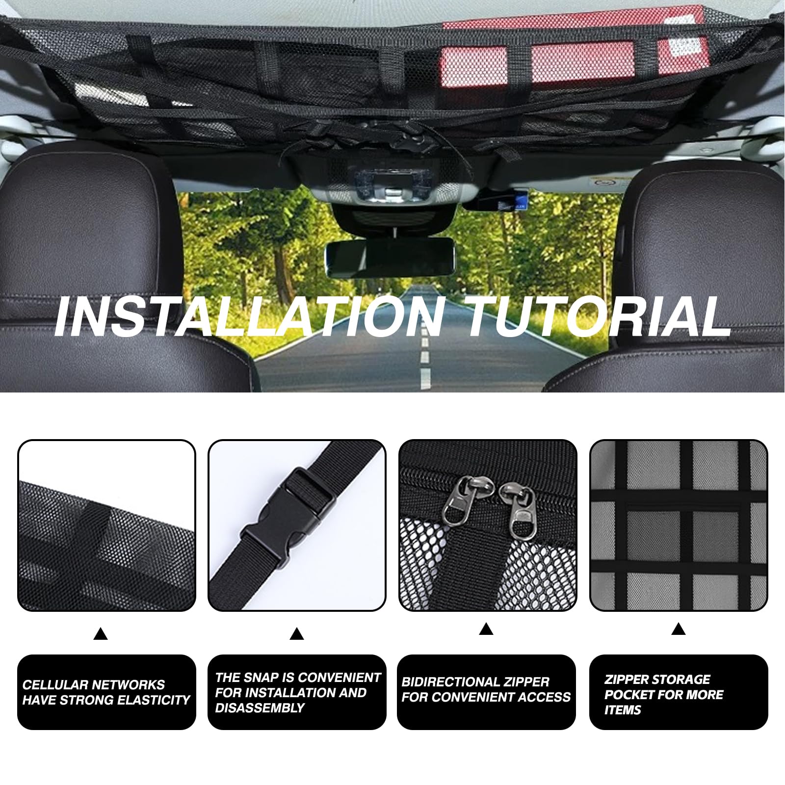 Red Techo Coche, Red Techo Furgoneta Camper, 90x65cm Redes de Almacenaje para Coche, Camper Furgoneta Accesorios con 2 Correas Cruzadas Ajustables y Cremallera, para SUV, Jeeps, Caravanas
