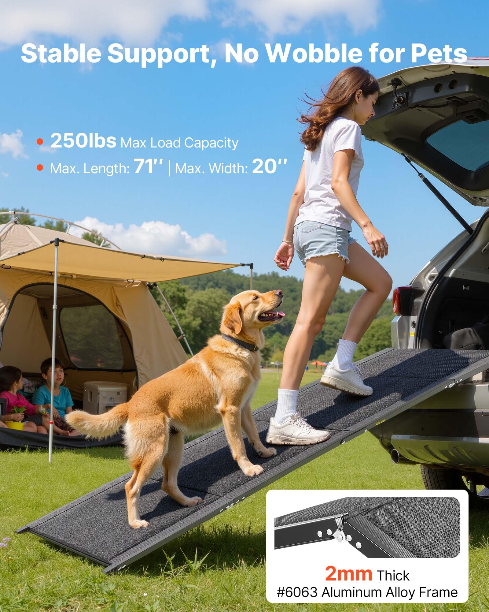 VEVOR Rampa para Perros, 180 x 50,8 cm, Plegable, para Perros Medianos y Grandes de hasta 113 kg, con Superficie de Tela Oxford Antideslizante, Portátil, para Exteriores, SUV y Camiones, Negro