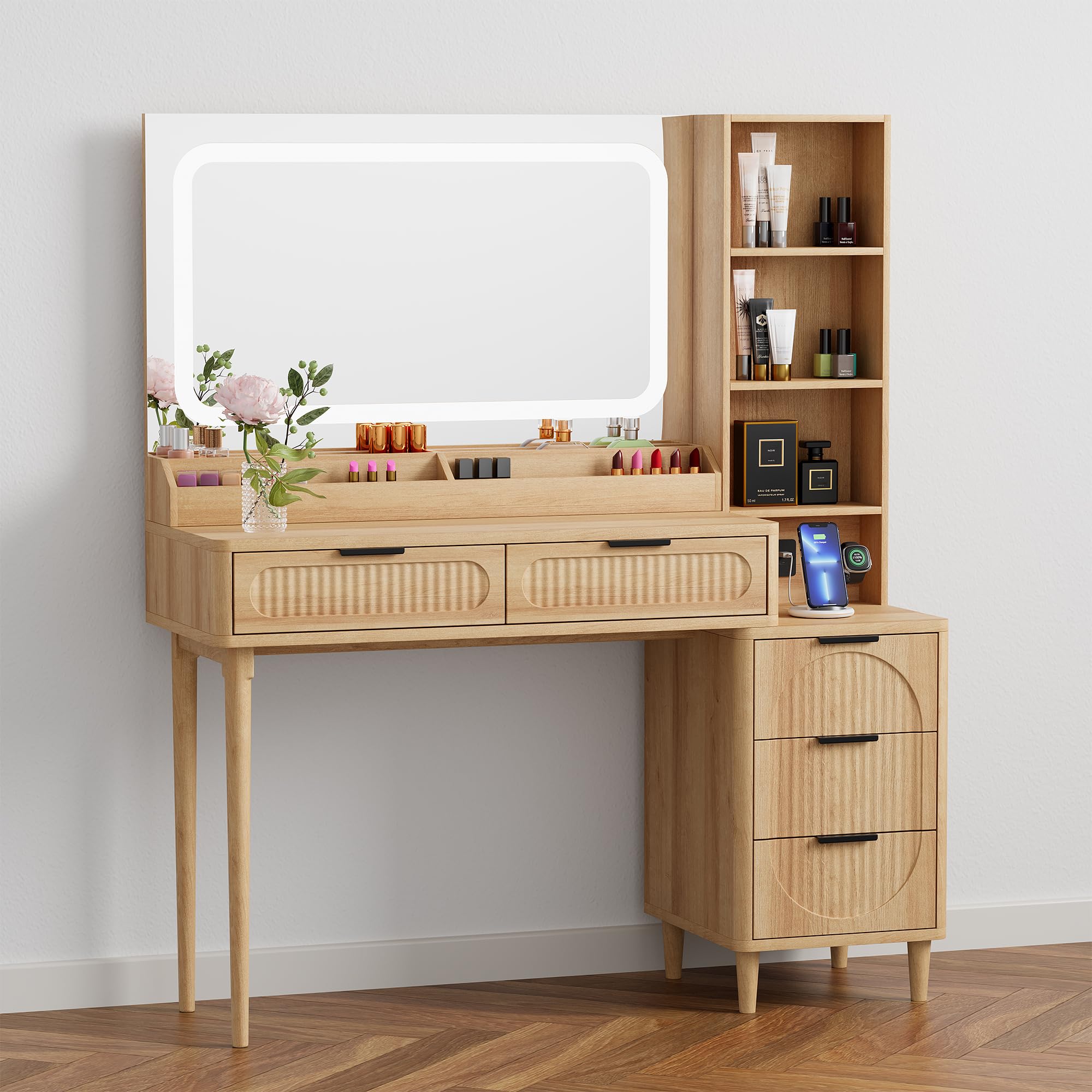 Jpiziso Makeup Vanity Desk with Mirror and Lights, Modern Large Dressing Table with Charging Station,5 Drawers,Side Cabinet for Bedroom