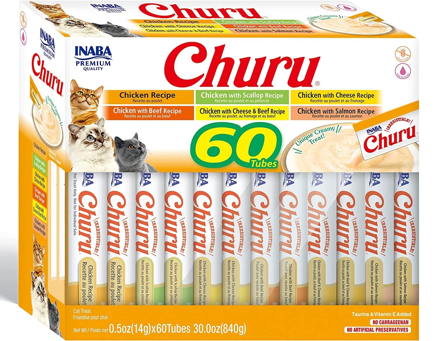 INABAChuru Cat Treats, Grain-Free, Lickable, Squeezable Creamy Purée Cat Treat/Topper, 60 Servings, Chicken Variety Box