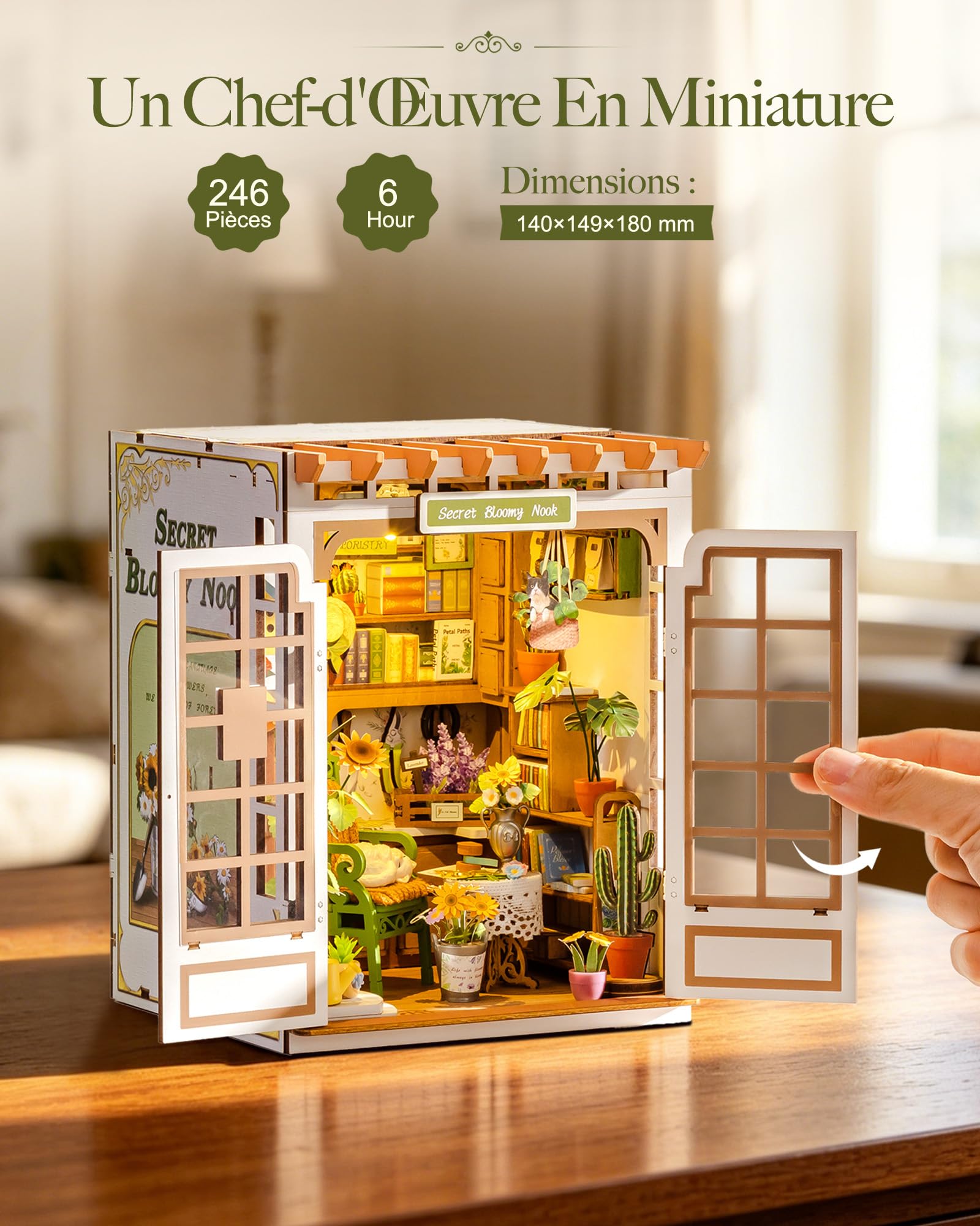 Rolife Book Nook DIY Maquette en Bois Adulte avec Lumières Monde Floral Secret Puzzle 3D Miniature Maison à Construire Serre-Livres Diorama Décoration Livre Bibliothèque Salon