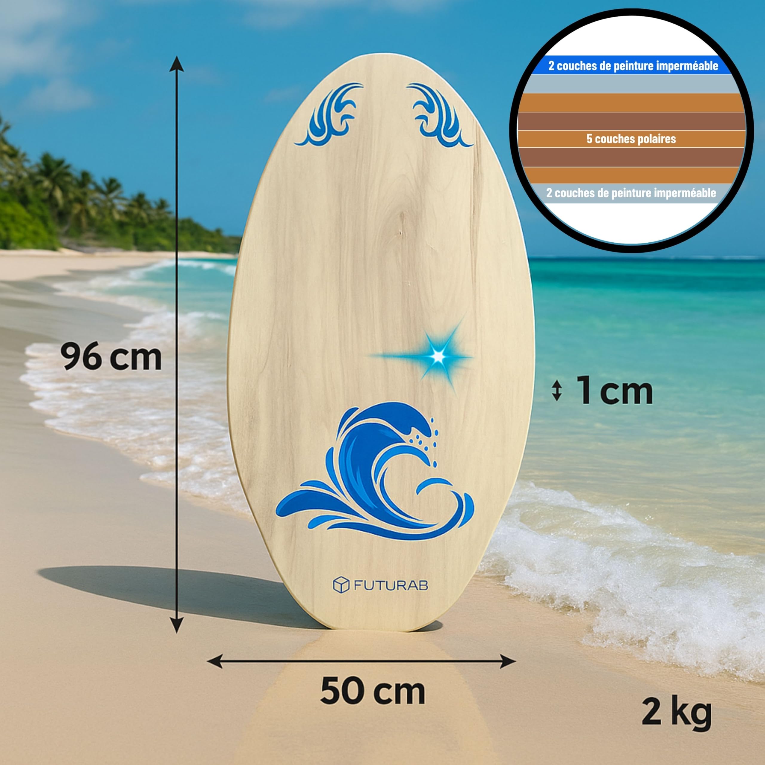 Skimboard en Bois pour Adultes débutants, Planche de Sport Nautique légère et antidérapante pour Glisse sur Sable et Petites Vagues