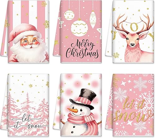 6 paños de cocina de Navidad rosas de 15.8 x 23.6 pulgadas, absorbentes de Papá Noel, muñeco de nieve, reno, toallas de mano, decorativas, para