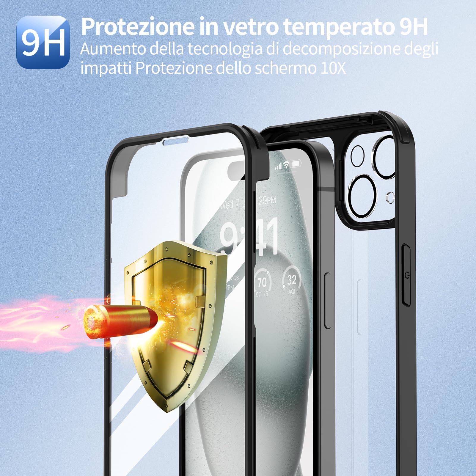 seacosmo Cover per iPhone 15, [9H HD] Integrata Vetro Temperato Schermo e Pellicola Fotocamera 360 Gradi Antiurto Case Rugged Doppia Protezione Custodia per iPhone 15, Nero