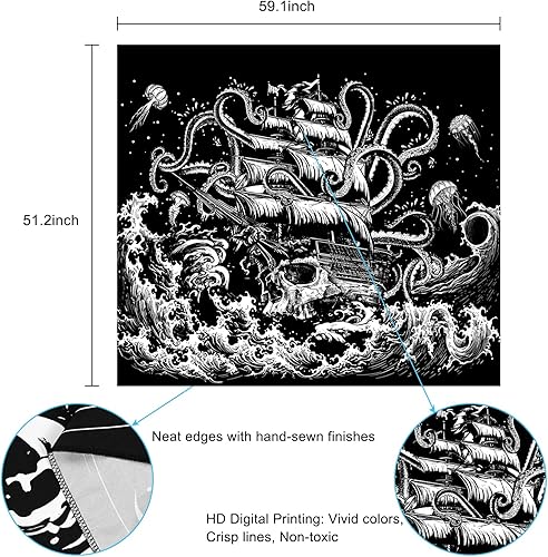 Miniatura 6 de Krelymics Tapiz de olas del océano, tapices náuticos, tapiz de anime japonés, tapiz gótico de velero, decoración de pared, tapiz de pulpo blanco y