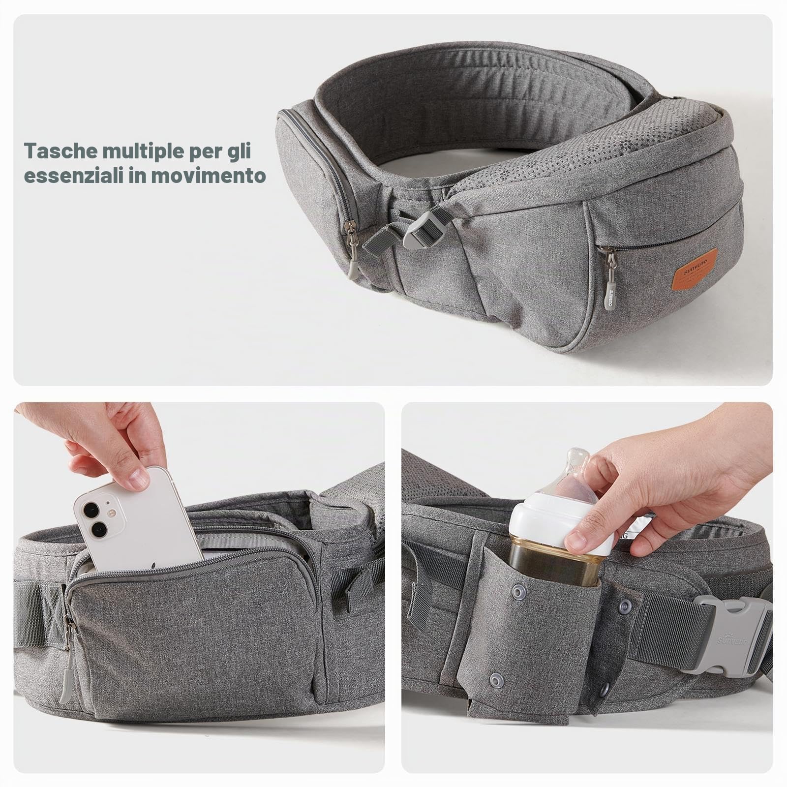 SUNVENO - Seggiolino ergonomico per bambini, con cintura regolabile e tasca, per bambini da 0 a 20 kg（Grigio）