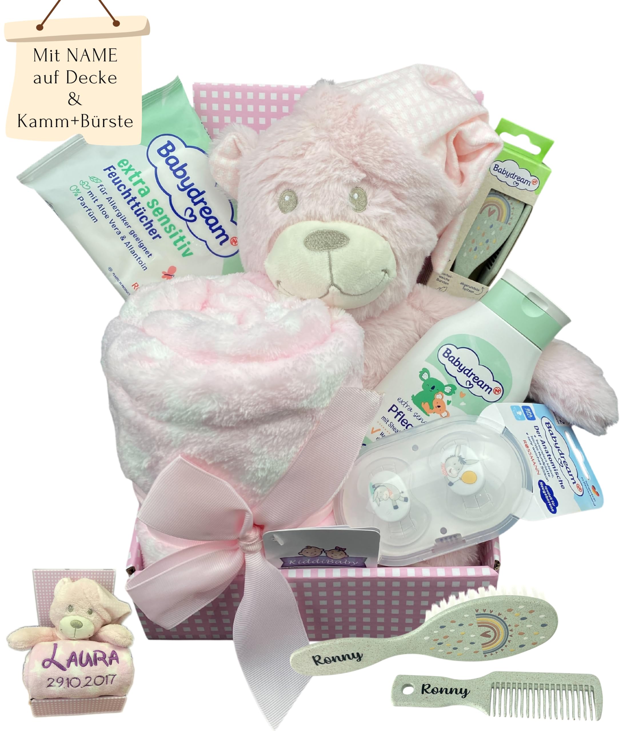 Set de regalo personalizado, manta para bebé, color rosa, set S | Cepillo y peine con nombre, peluche de peluche, otros extras, regalo para bautizo, nacimiento, baby shower, nacimiento