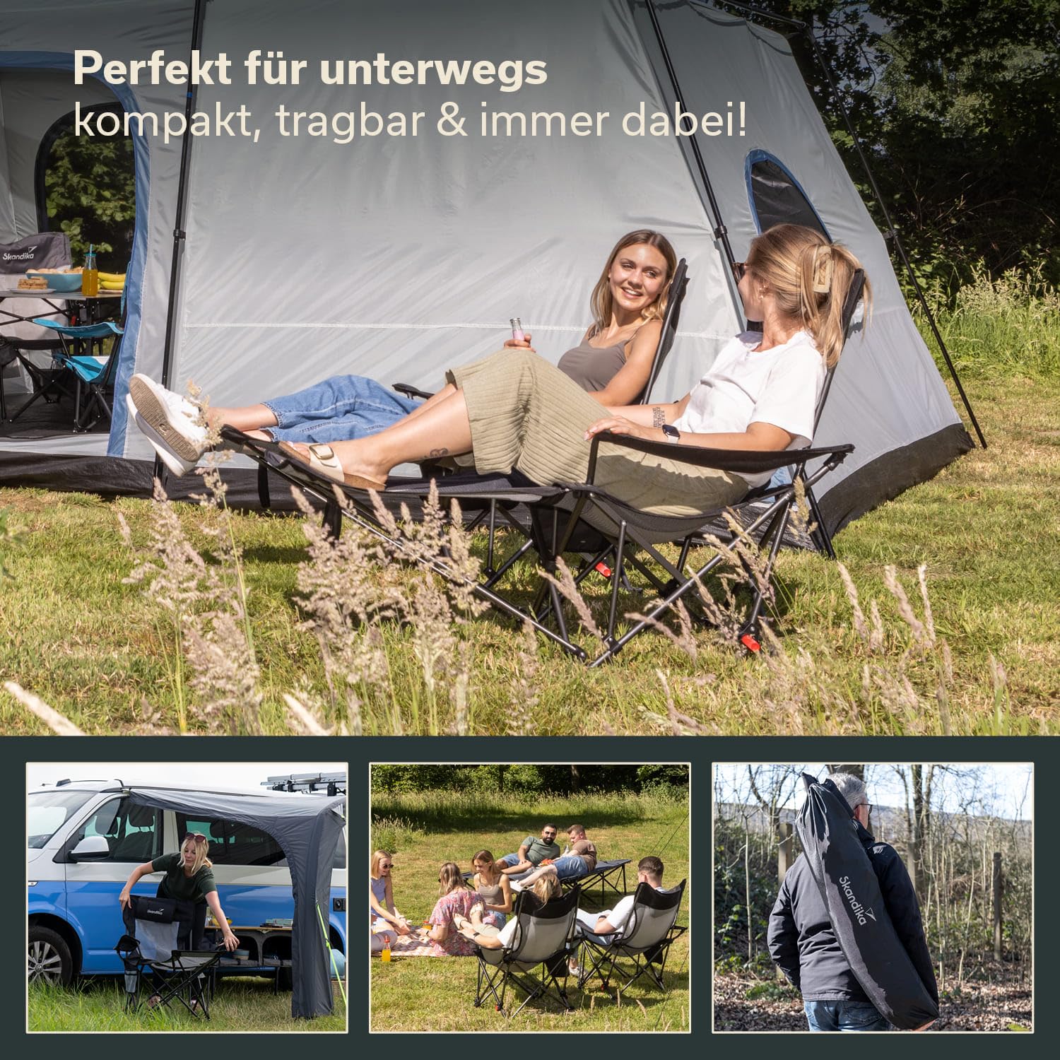 skandika Silla de Camping Toras con reposapiés, Plegable, función reclinable, tamaño Compacto,con Soporte para Bebidas (Negra/con Acolchado)