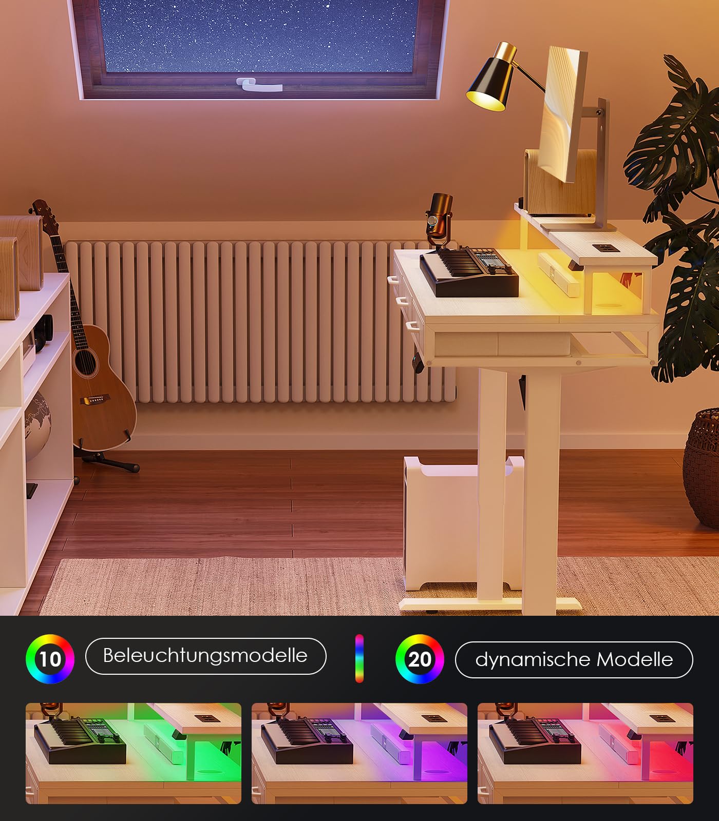 OffiGo Höhenverstellbarer Schreibtisch mit Monitorständer, 120cm Elektrischer Schreibtisch mit Schubladen, Standing Desk mit Steckdosen und Lichtleiste, Tisch Höhenverstellbar Bürotisch, Weiß