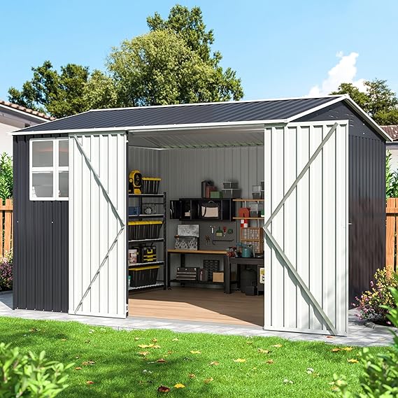 10x10 FT Outdoor Storage Shed, Metal Garden Tool Shed with Updated Frame Structure, Lockable Doors and Windows, Ideal for Backyard Garden Patio Lawn, Grey