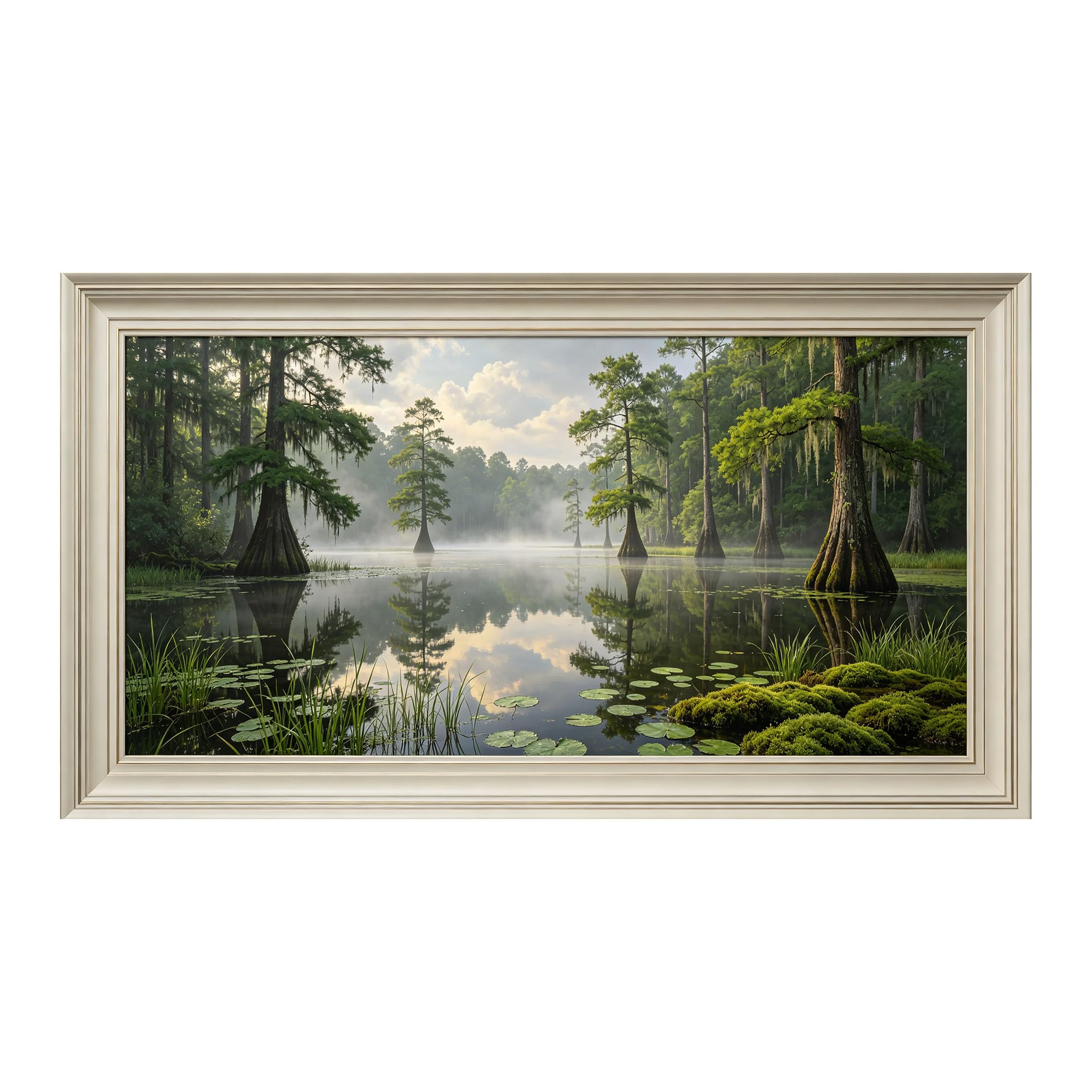 Yzpallescene 3D Framed Wall Art 50cm×100cm Misty Bayou Swamp Landscape Watercolor Panoramic Large Size SelfAdhesive Removable Wall Decor Prints Artwork for Living Room Bedroom Office