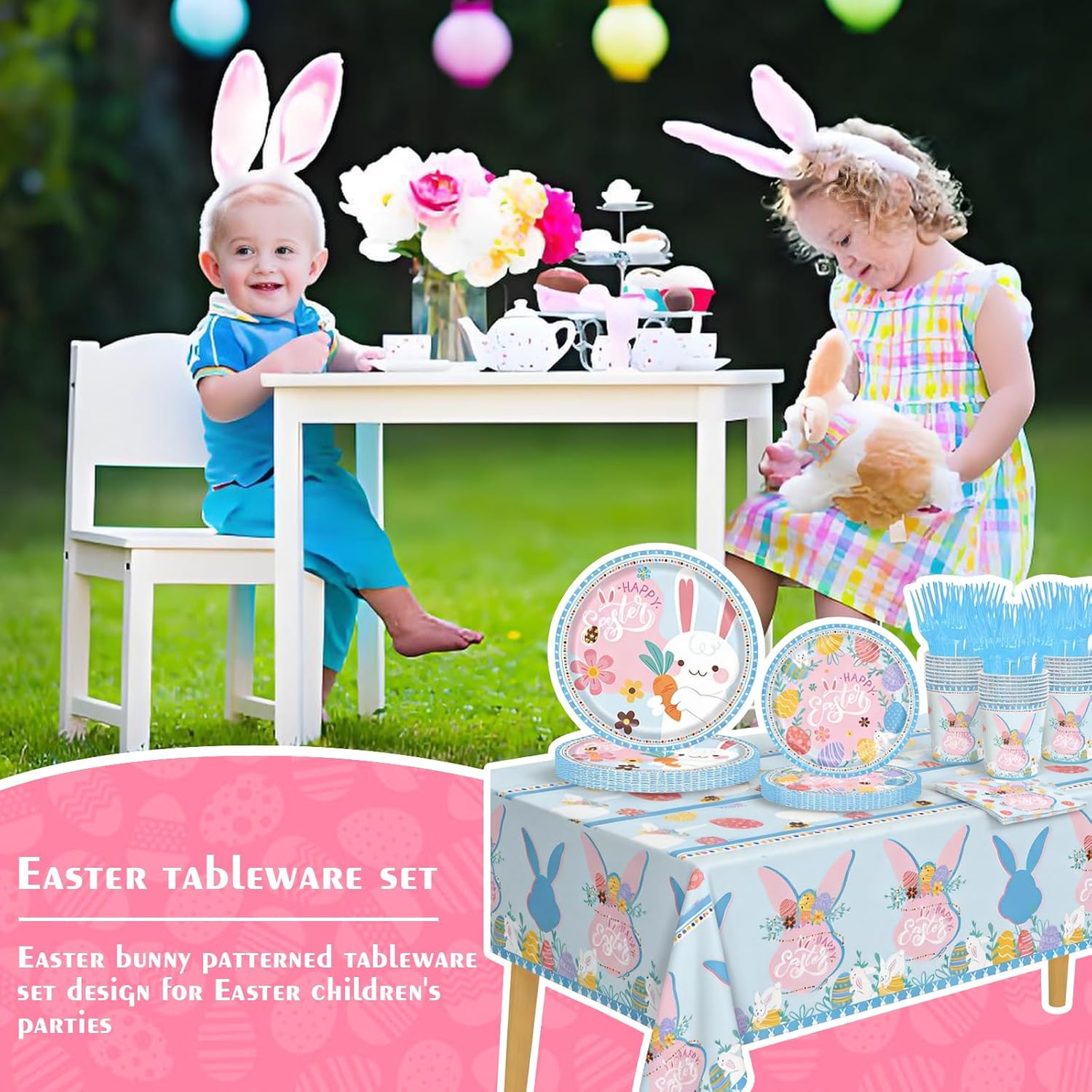 Easter Plates and Napkins Disposable Set – Easter Paper Plates and Napkins Sets with Cups, Forks & Tablecloth, Happy Easter Bunny Party Supplies, Easter Dinnerware Tableware, Serves 24 Guests