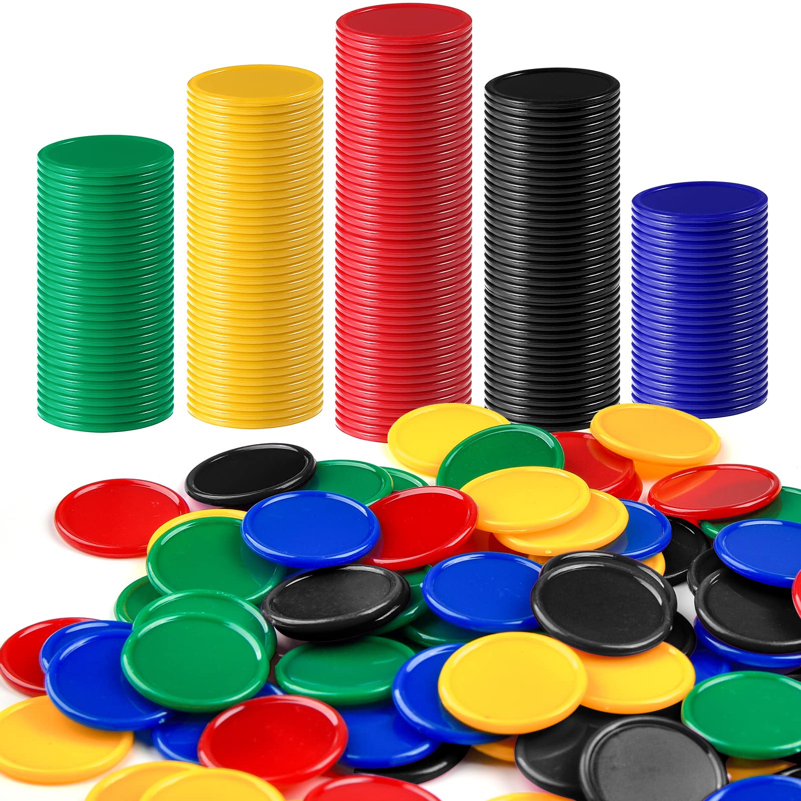 Coopay 500 Pieces Plastic Learning Counters Disks Bingo Chip 5 Colors Counting Discs Markers for Math Practice and Poker Chips Game Tokens Kids Reward, 1 Inch (Red, Blue, Black, Green, Yellow)