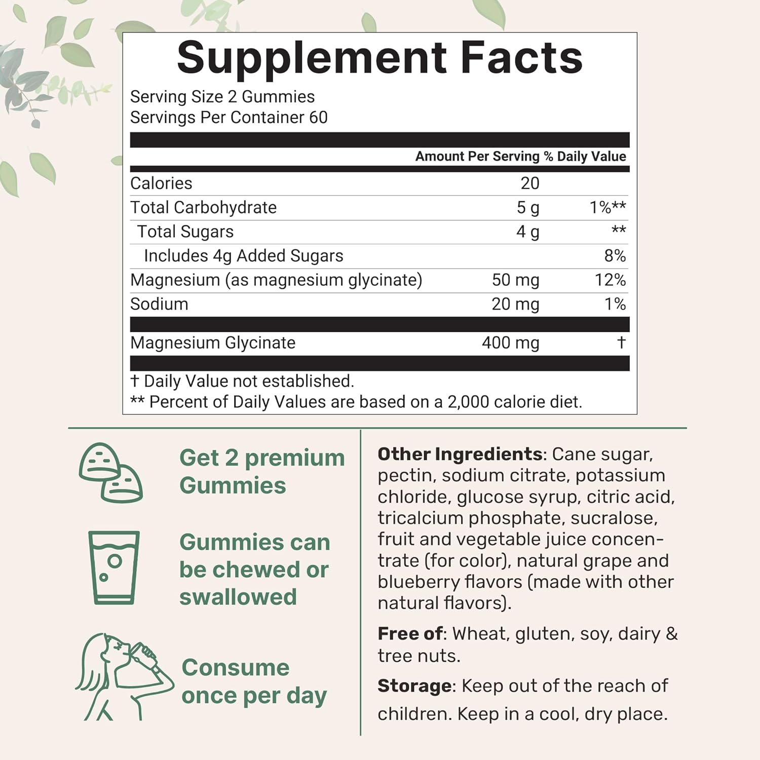 Magnesium Glycinate Gummies 400mg Per Serving, 120 Count | Natural Grape Blueberry Flavor | Potent Elemental Form + Chelated for High Absorption | Healthy Muscle, Bones, & Mood Support Supplement - Image 2