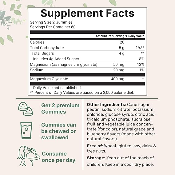 Magnesium Glycinate Gummies 400mg Per Serving, 120 Count | Natural Grape Blueberry Flavor | Potent Elemental Form + Chelated for High Absorption | Healthy Muscle, Bones, Mood Support Supplement