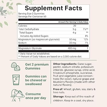 Magnesium Glycinate Gummies 400mg Per Serving, 120 Count | Natural Grape Blueberry Flavor | Potent Elemental Form + Chelated for High Absorption | Healthy Muscle, Bones, Mood Support Supplement