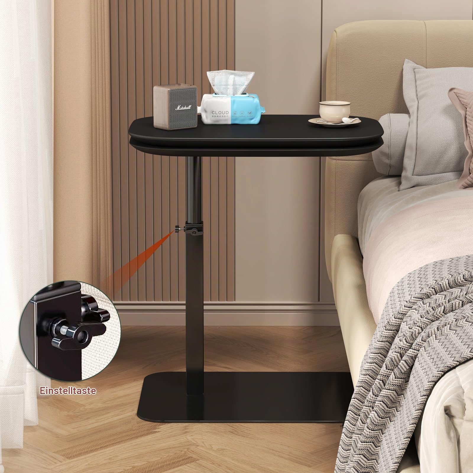 Beistelltisch C Form Höhenverstellbar, Klein Couchtisch Holz Sofatisch, Doppelter Tischplatte Laptop-Stehtisch, 360° Drehbarer C Form Beistelltisch für Couch, Mobiler Kaffeetisch (schwarz)
