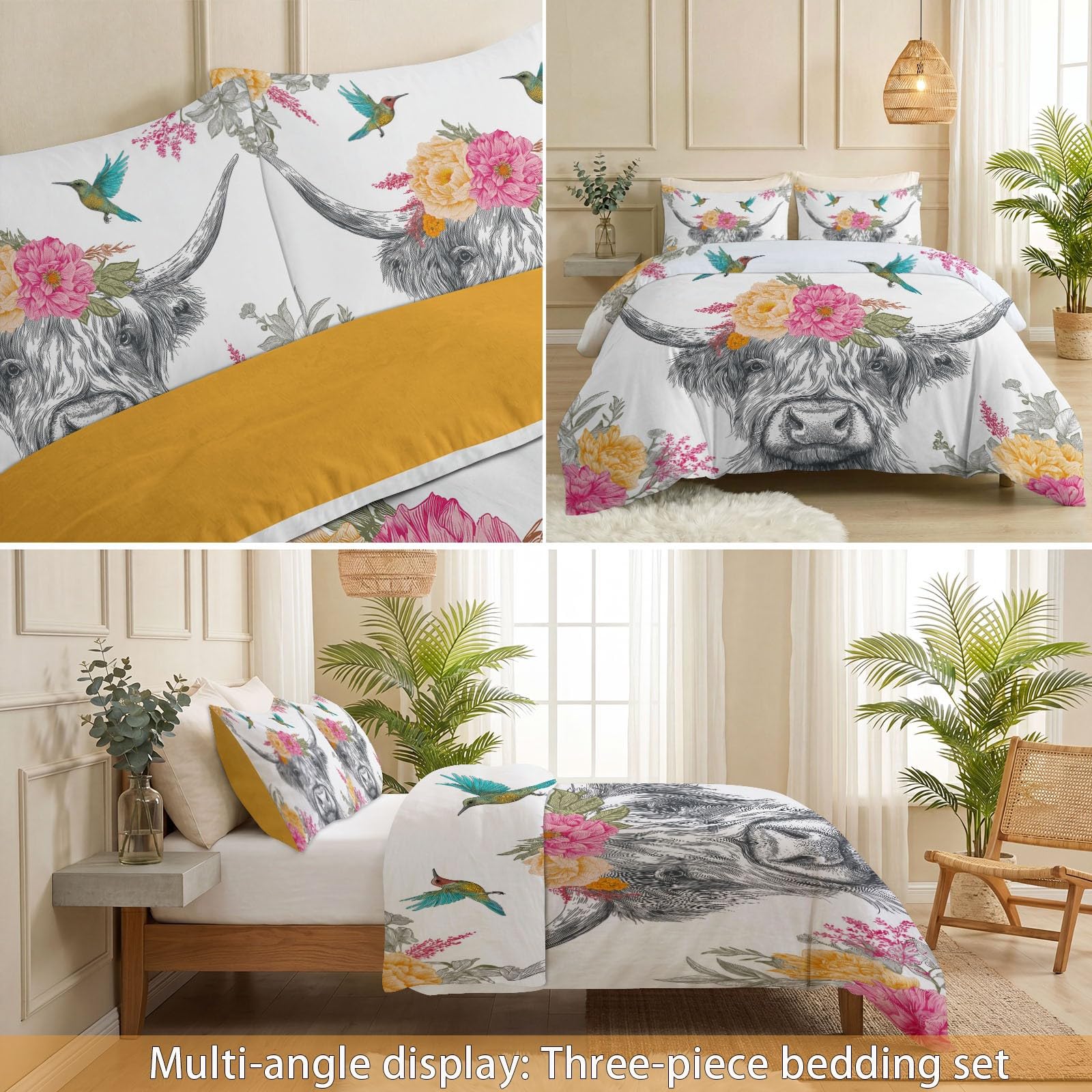 Pastoral Bohemian Dwustronna poszwa na kołdrę Krowa Highland Kwiaty Ptaki Liście 2 osoby i 2 poszewki na poduszki, 240 x 220 cm Zestaw pościeli z mikrofibry z zamkiem błyskawicznym, biały