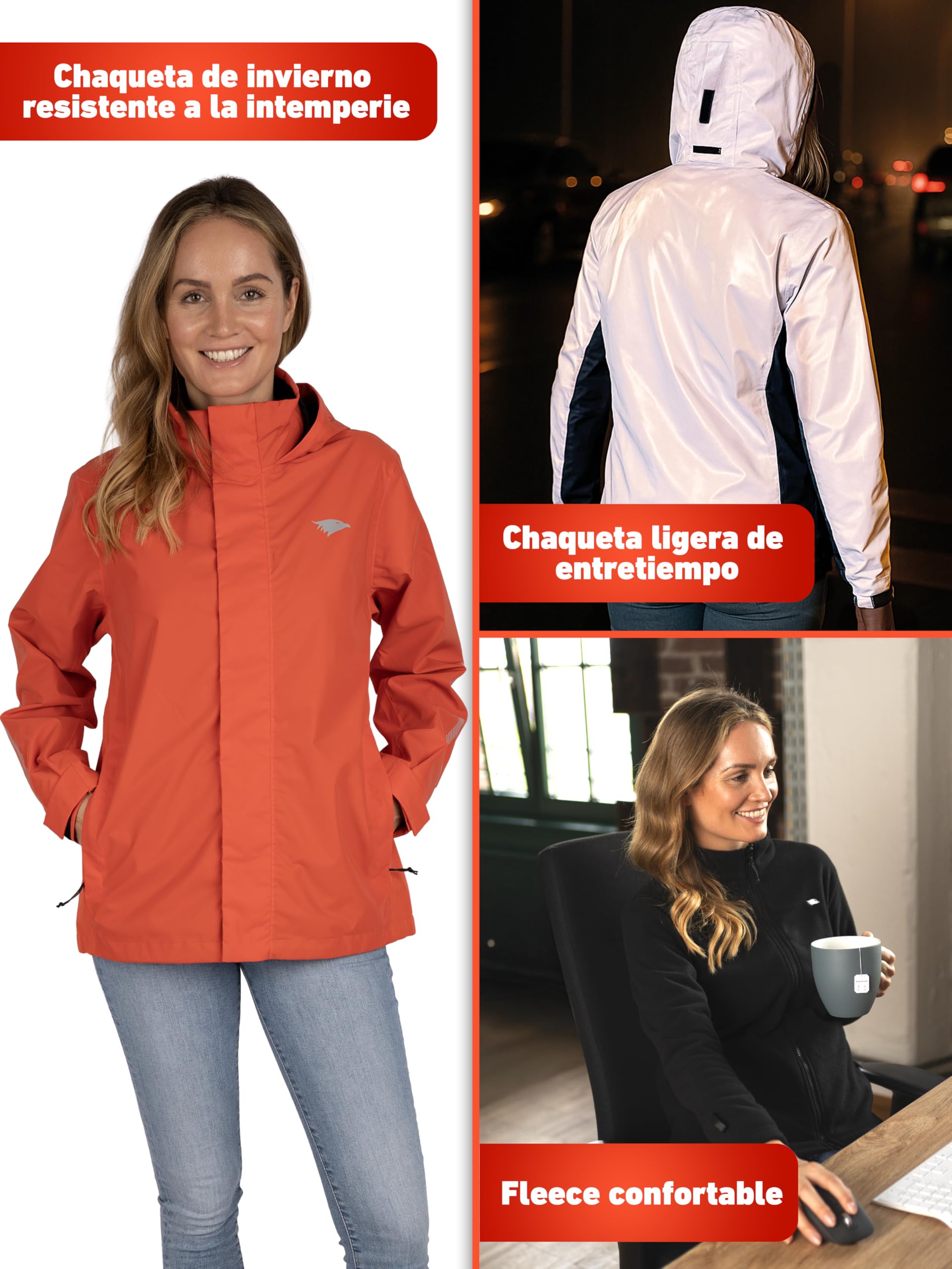 Valkental – Chaqueta para mujer 3 en 1 reflectante e impermeable [forro polar desmontable y capucha plegable] – adecuada como chaqueta de invierno, chaqueta impermeable y chaqueta de ciclismo