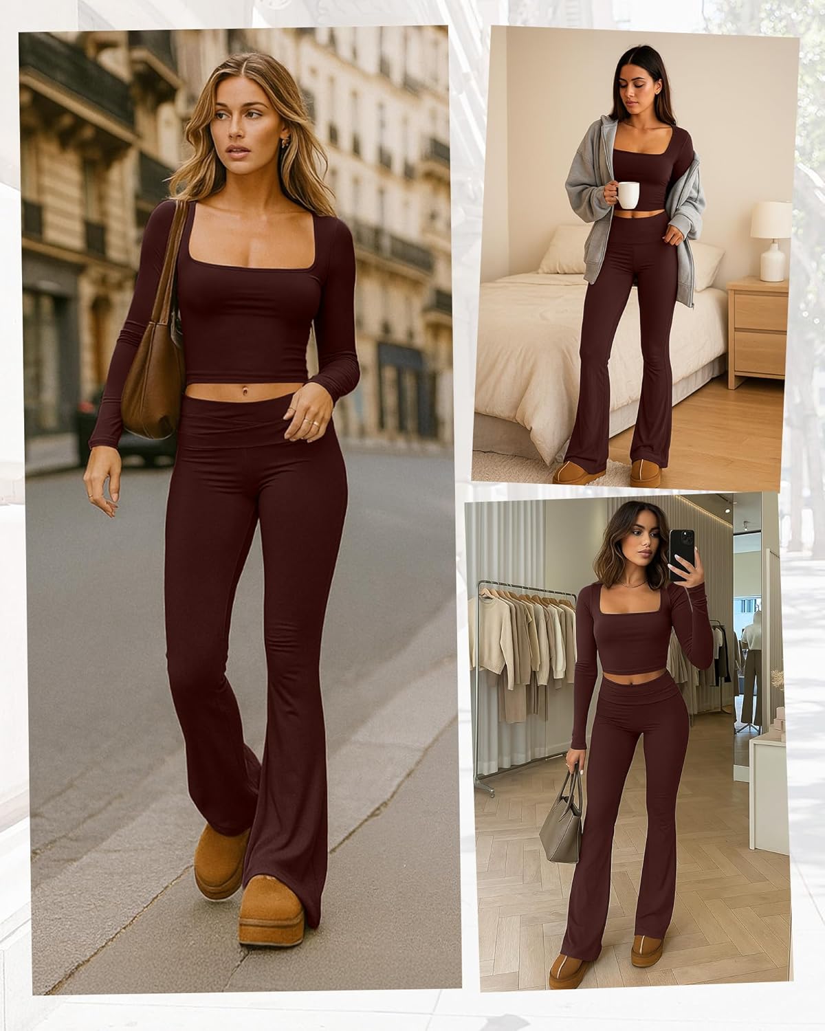 Women's 2 Piece Workout Sets Square Neck Long Sleeve Crop Tops Fold over Flare Leggings Casual Gym Pilates Yoga Set - Image 6