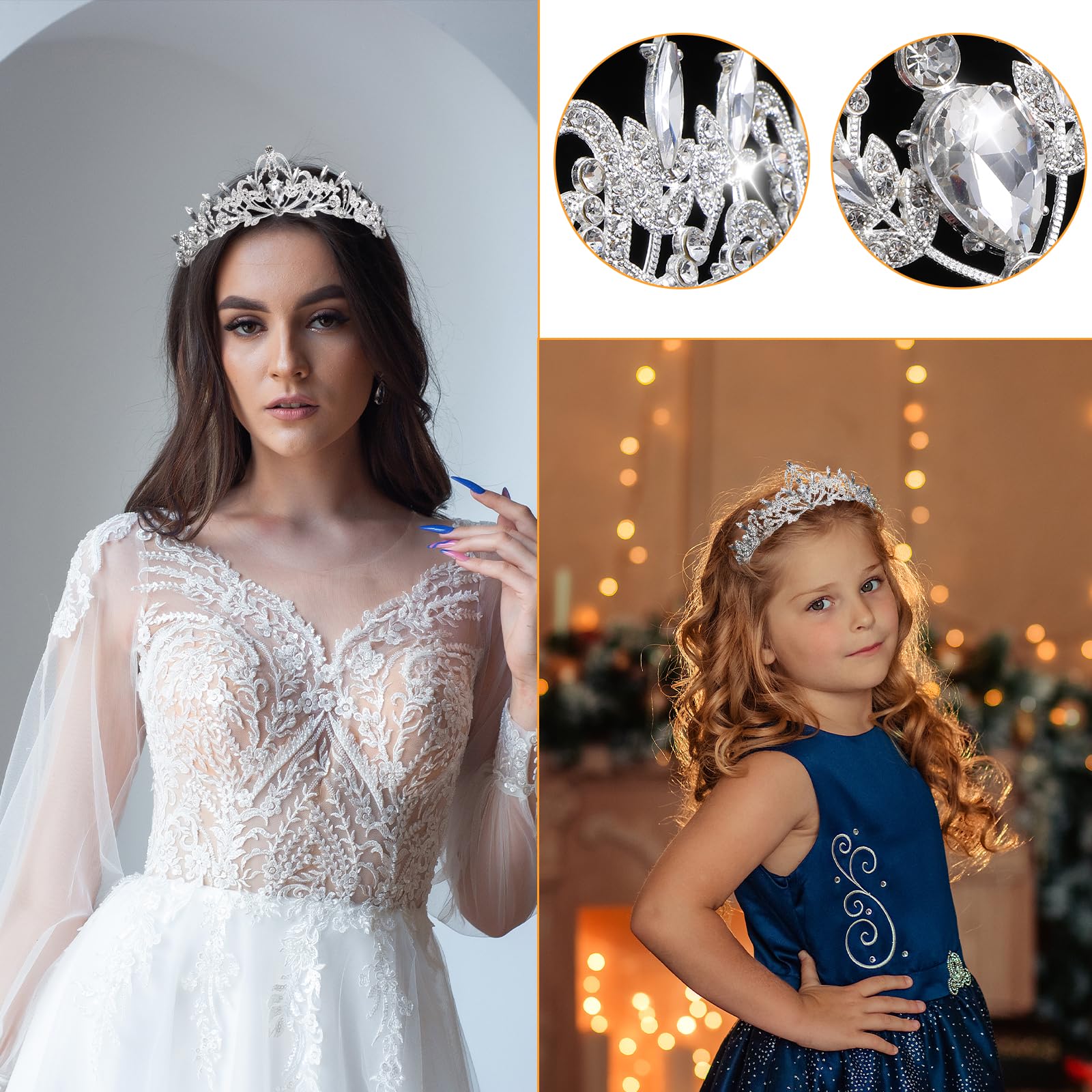 Diadem ślubny, srebrna kryształowa korona ze strasu z 2 spinkami do włosów, diadem dla panny młodej, dla dziewcząt, na bal absolwentów, uroczystość, urodziny, wesele, imprezę
