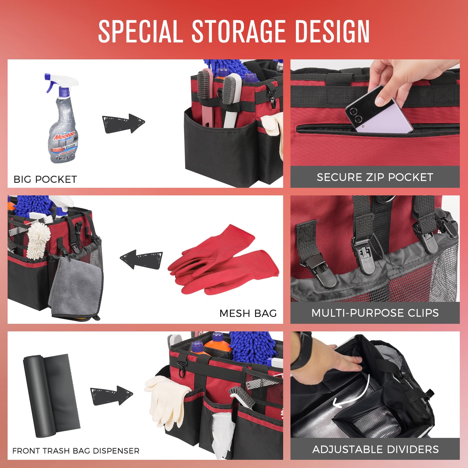 Borsa Organizer Portatile Per La Pulizia – Con Manico E Spallacci Regolabili, 4 Divisori Pieghevoli – Impermeabile, Fondo In Alluminio – Grigio, 39,9x24,4x23,1 Cm - 4