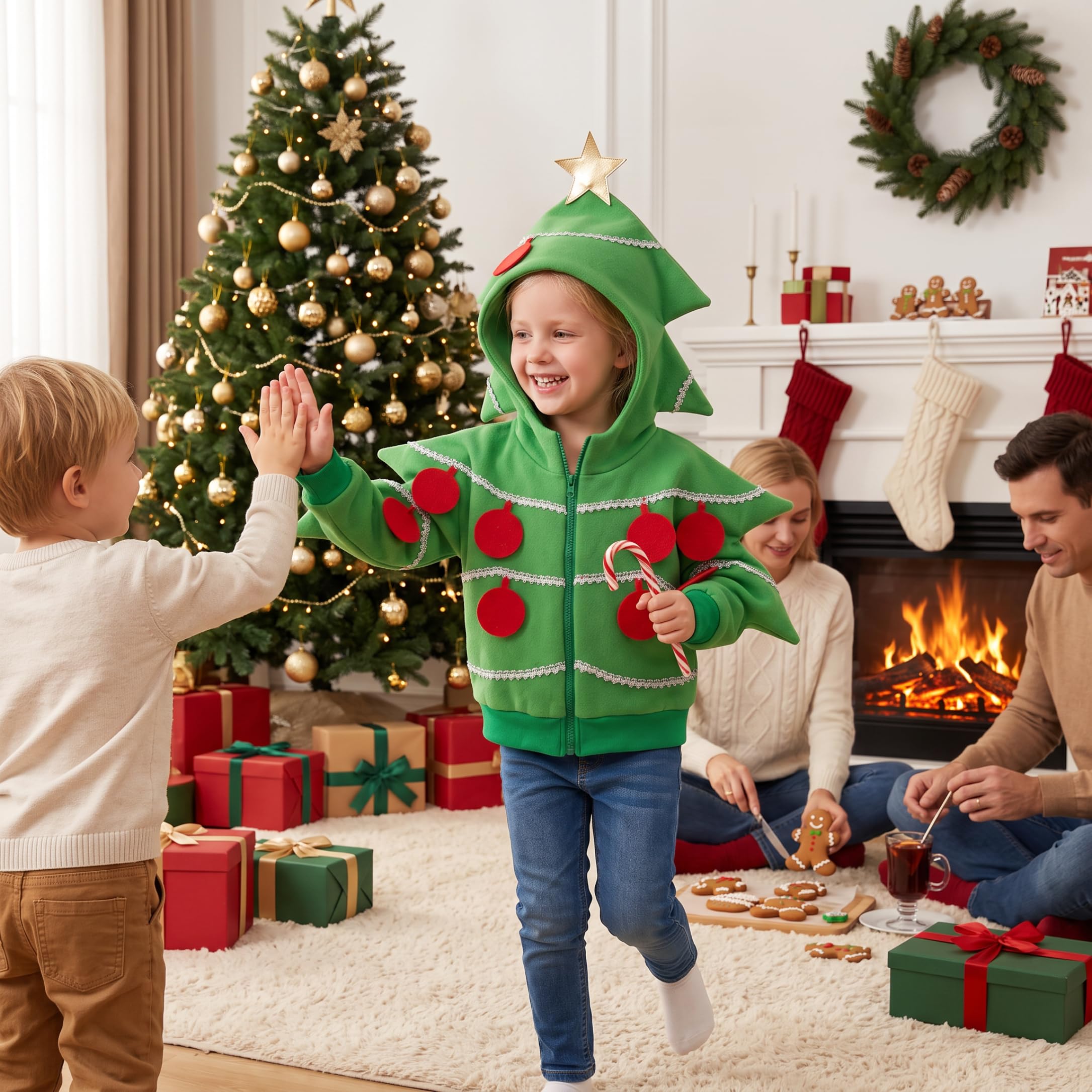 Costume da albero di Natale, costume cosplay per bambini con cappuccio a stella verde S