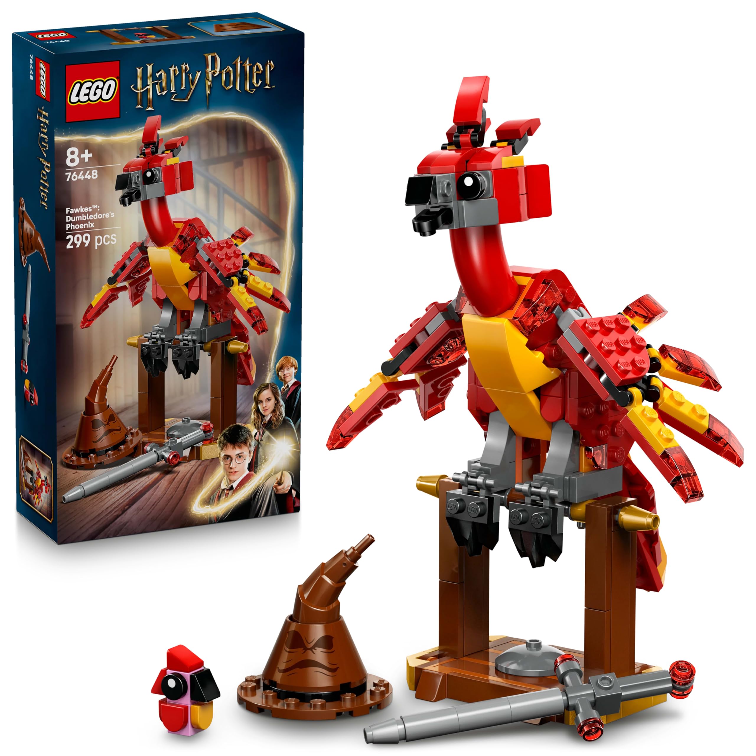 LEGO Harry Potter Fawkes: Dumbledores fenixfågel Leksak, Figur av mytisk varelse, Trollkarlspresent för flickor, pojkar och fans från 8 år, Gåva till barn, Med en sorteringshatt 76448