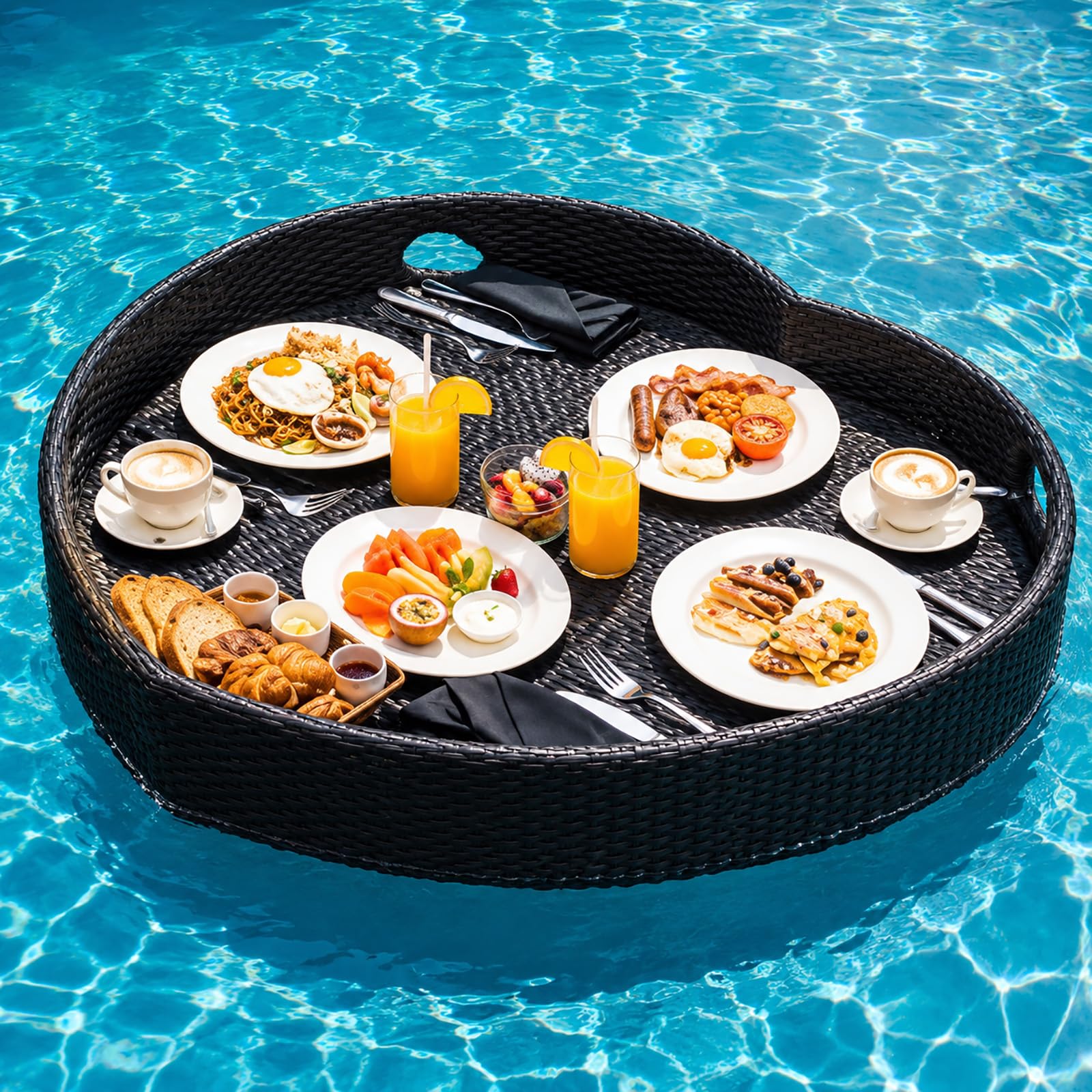 Vassoio Galleggiante per Piscina, Grande Vassoio in Rattan per Bevande Snack e Brunch, Bar Galleggiante per Piscina Spa Jacuzzi e Feste in Giardino Black Heart-60 cm
