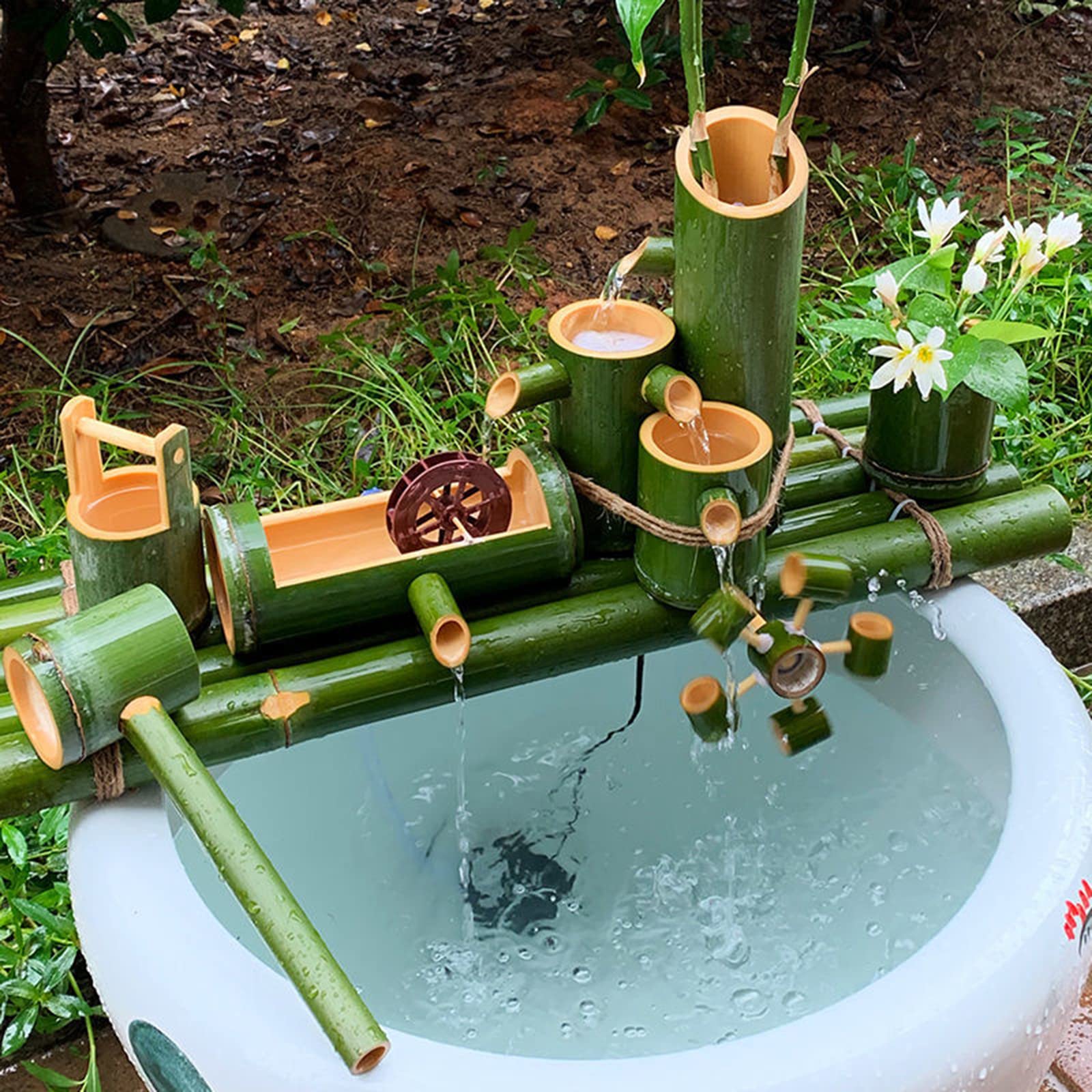 Fontana d'acqua in bambù per esterni con pompa, facile da installare in stagno o giardino, fatta a mano, in bambù naturale resistente alle spaccature, creatività, 50 cm / 19.7in