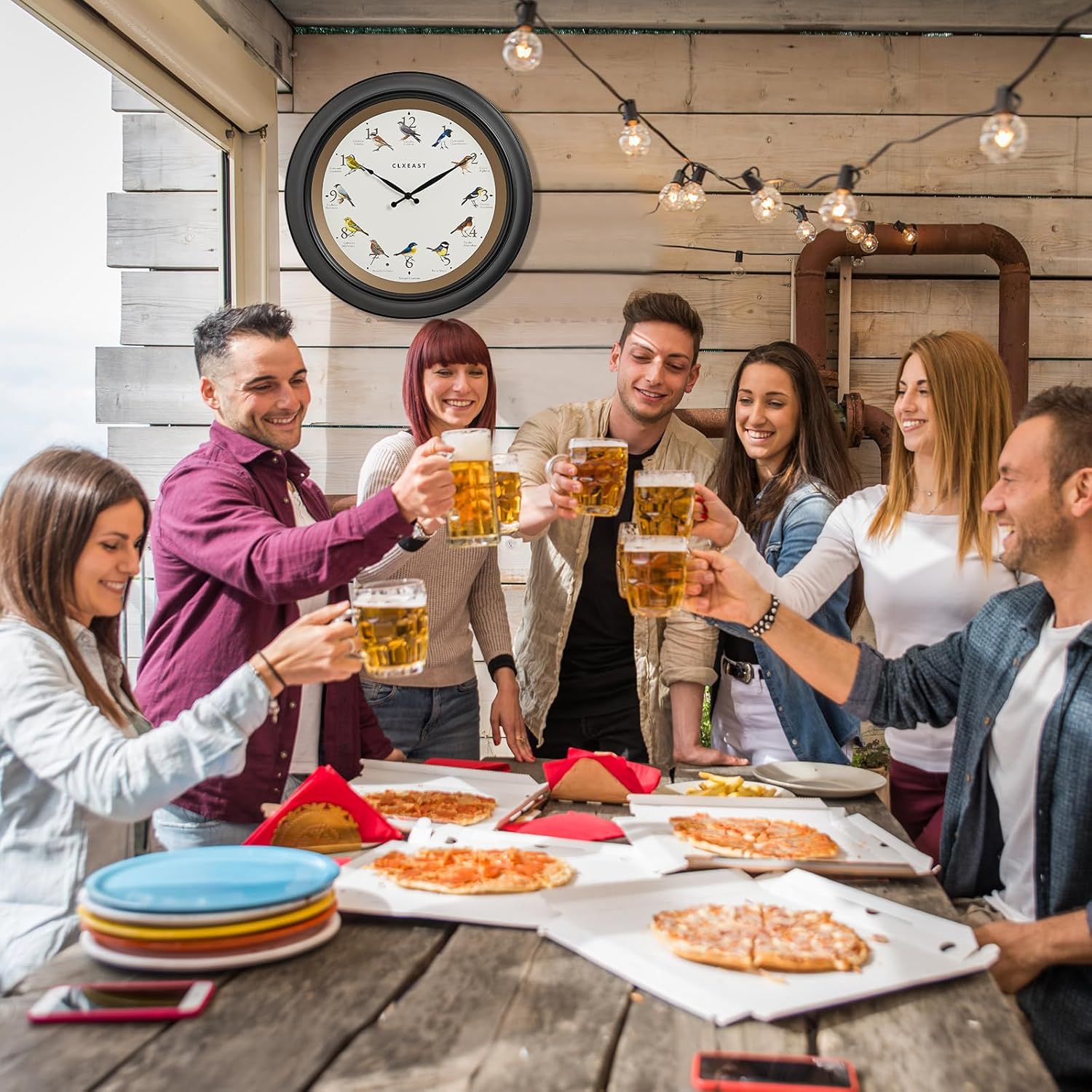 CLXEAST 18 Inch in/Outdoor Singing Bird Wall Clock, Large Illuminated Outdoor Clocks Waterproof for Patio, Pool or Porch Decor,Oil Rubbed Bronze Black