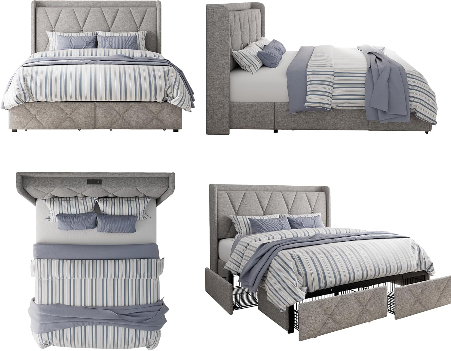 GalnFu Queen Bed Frame with 4 Storage Drawers, Upholstered Platform Bed with Charging Station, Modern Wingback Storage Headboard, Easy Assembly,Noise-Free, Light Gray