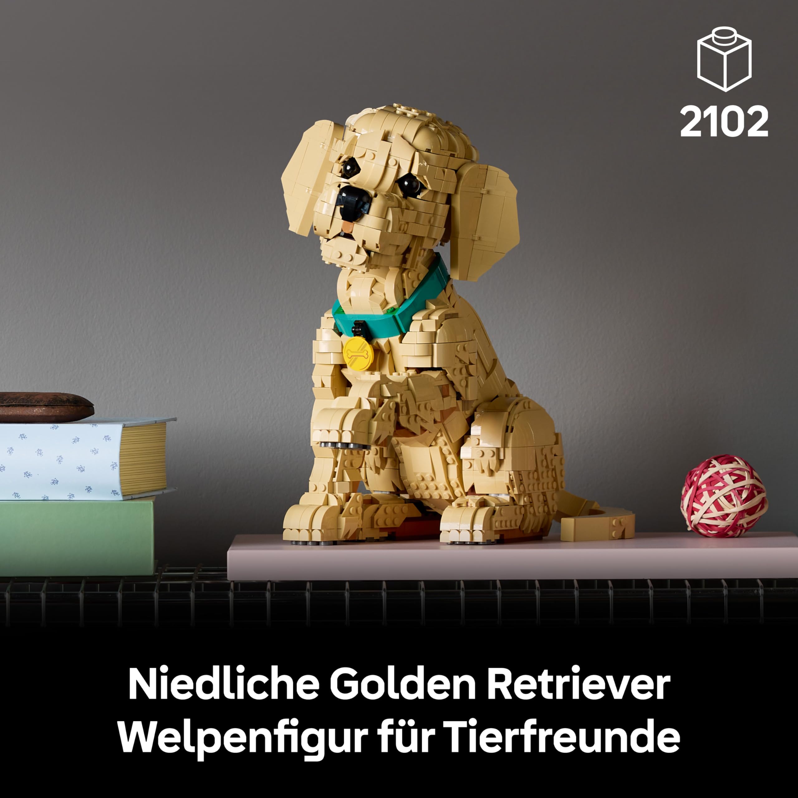 LEGO Icons Golden Retriever Welpe - Modellbau für Erwachsene - 3D Tierfigur zum Ausstellen mit Halsband & Medaille - DIY Deko für Regal oder Schreibtisch - Geschenkidee für Kunst- & Bastelfans - 11384